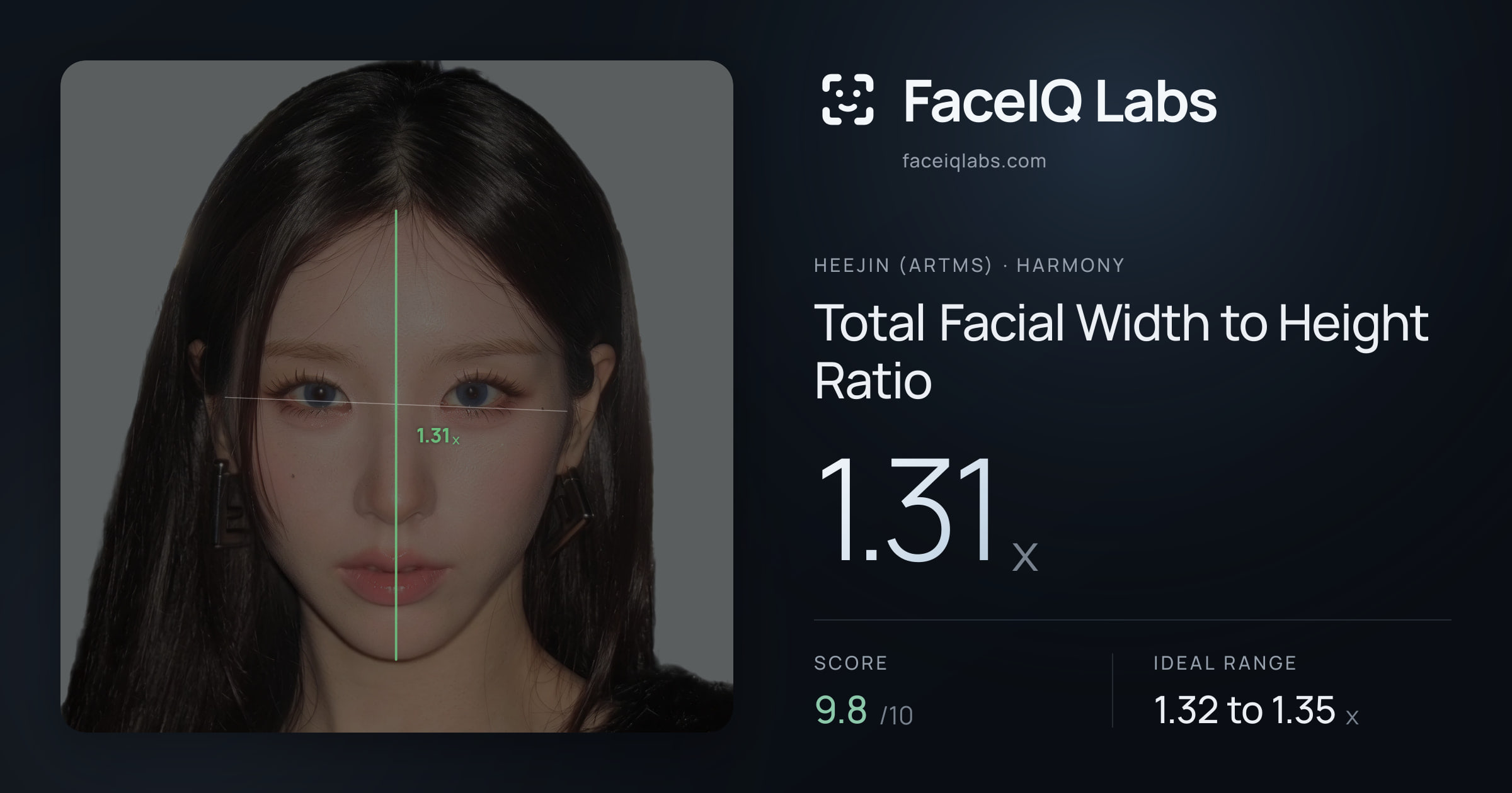 Heejin (ARTMS) Total Facial Width to Height Ratio: 1.31x, drawn on the photo