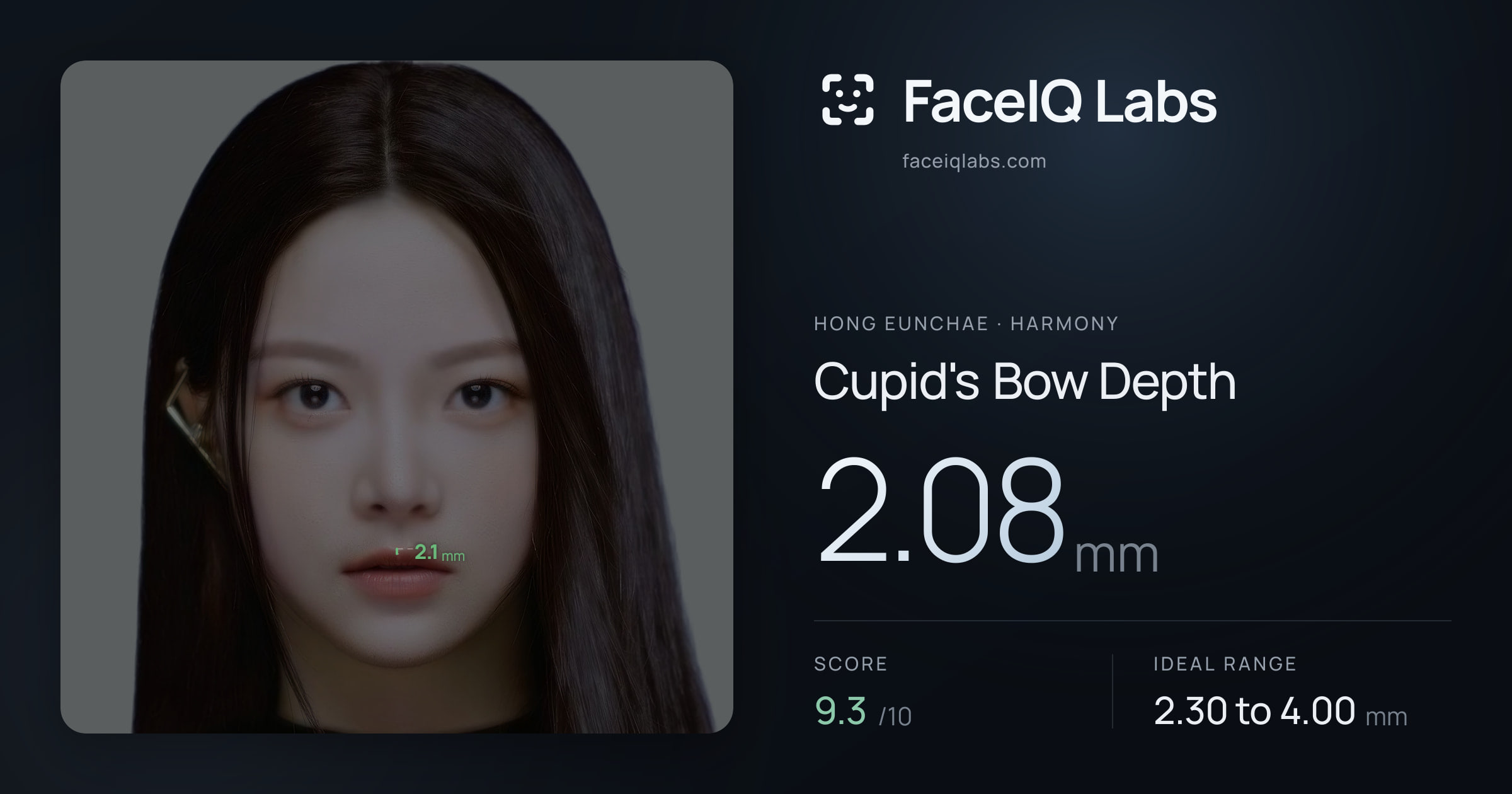 Hong Eunchae Cupid's Bow Depth: 2.08mm, drawn on the photo