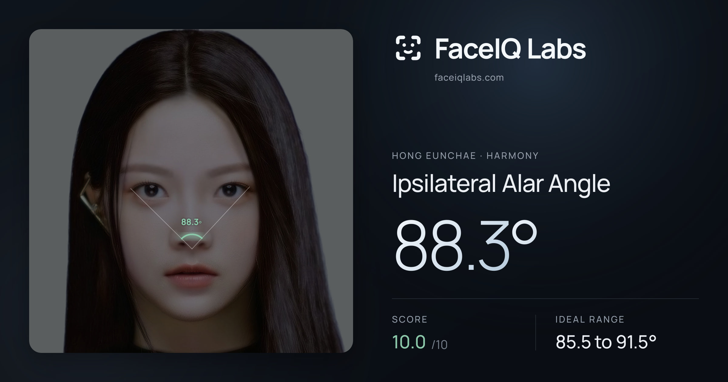 Hong Eunchae Ipsilateral Alar Angle: 88.3°, drawn on the photo