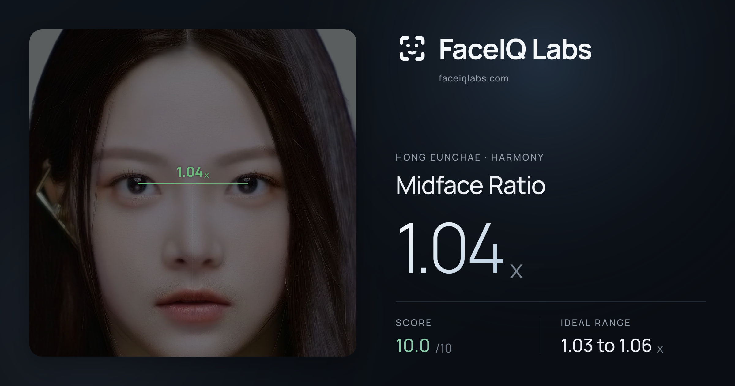 Hong Eunchae Midface Ratio: 1.04x, drawn on the photo