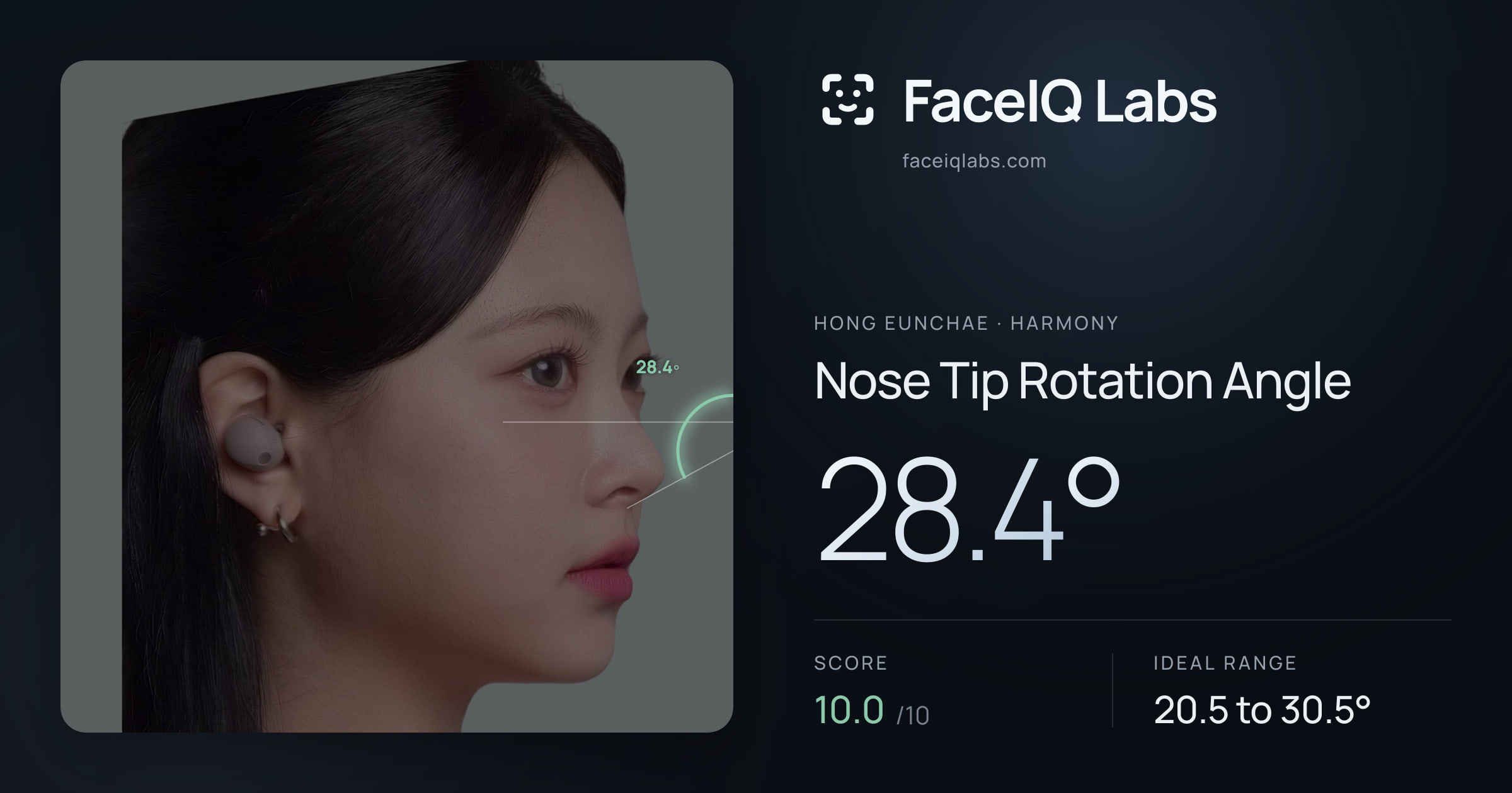 Hong Eunchae Nose Tip Rotation Angle: 28.4°, drawn on the photo
