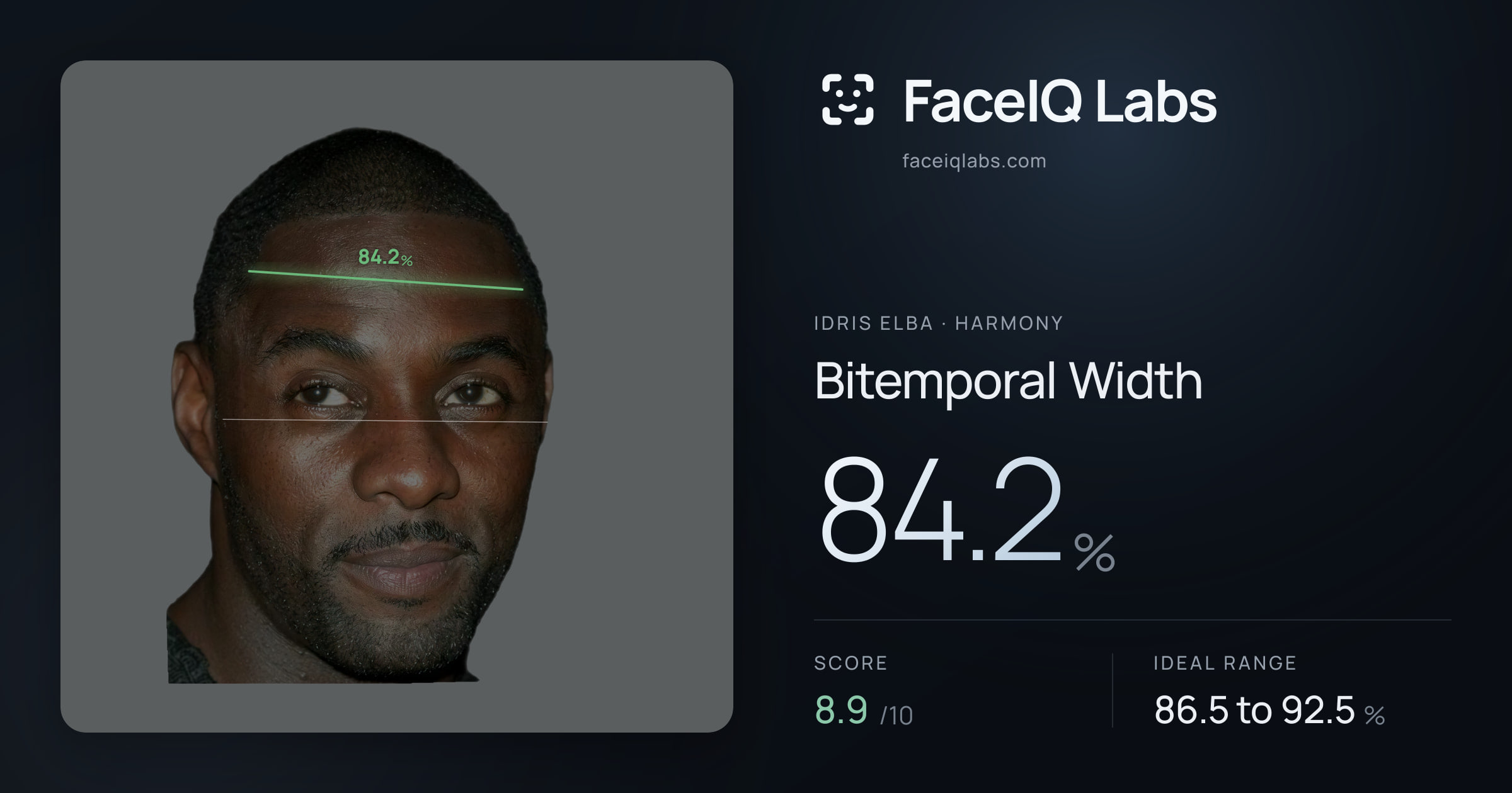 Idris Elba Bitemporal Width: 84.2%, drawn on the photo