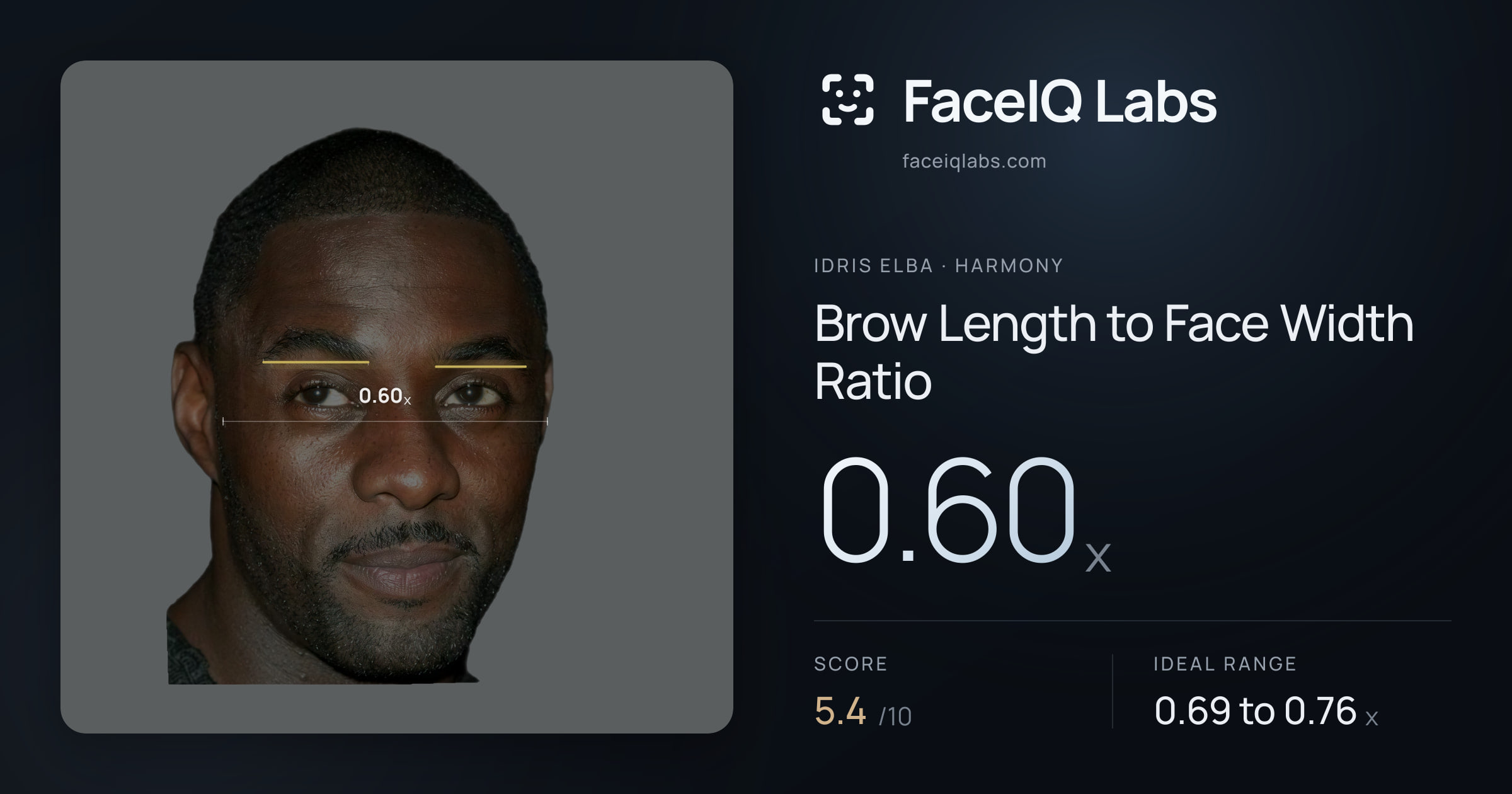 Idris Elba Brow Length to Face Width Ratio: 0.60x, drawn on the photo