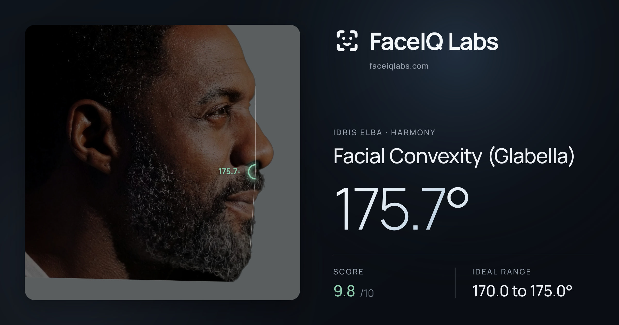 Idris Elba Facial Convexity (Glabella): 175.7°, drawn on the photo