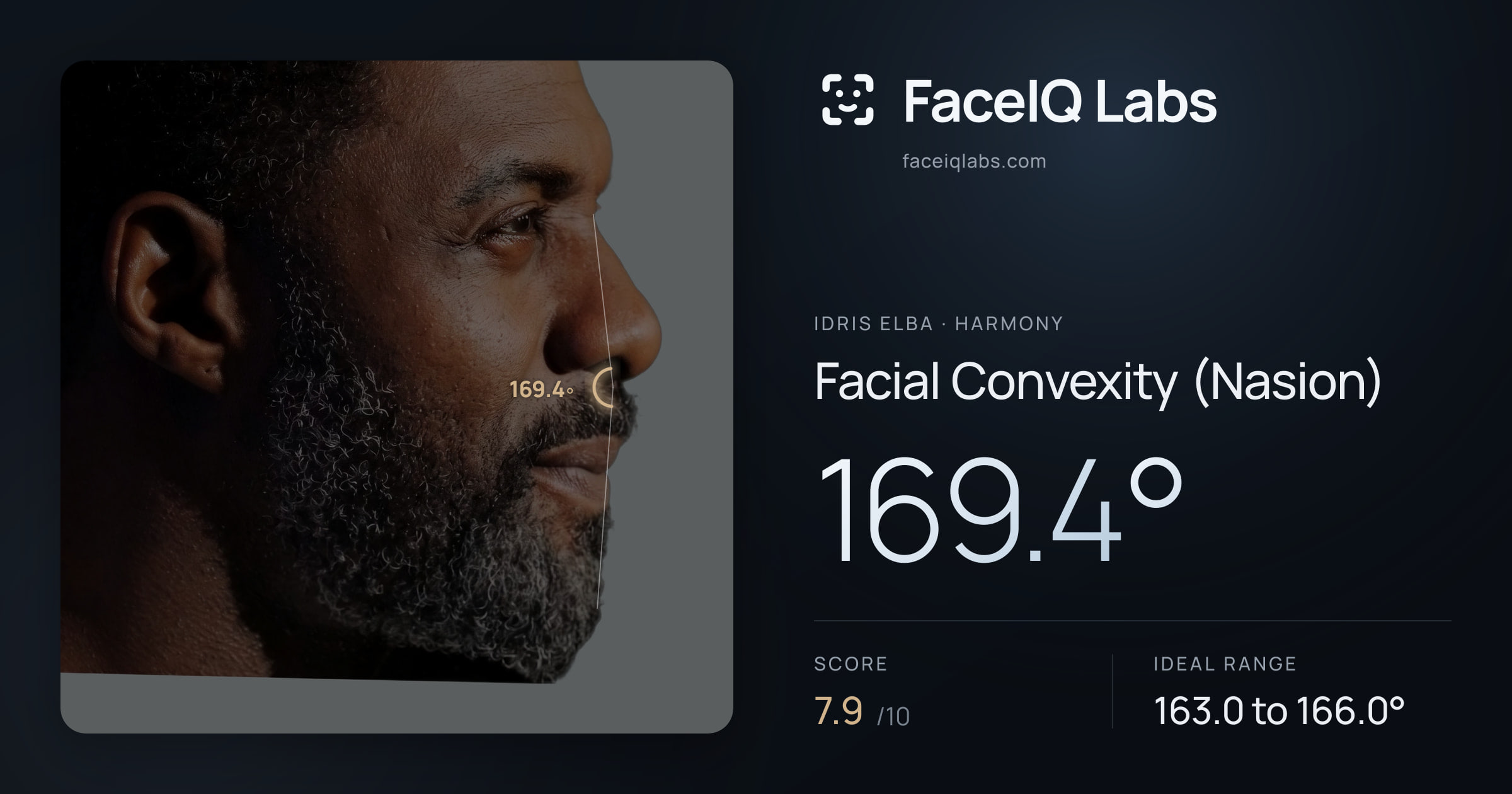 Idris Elba Facial Convexity (Nasion): 169.4°, drawn on the photo