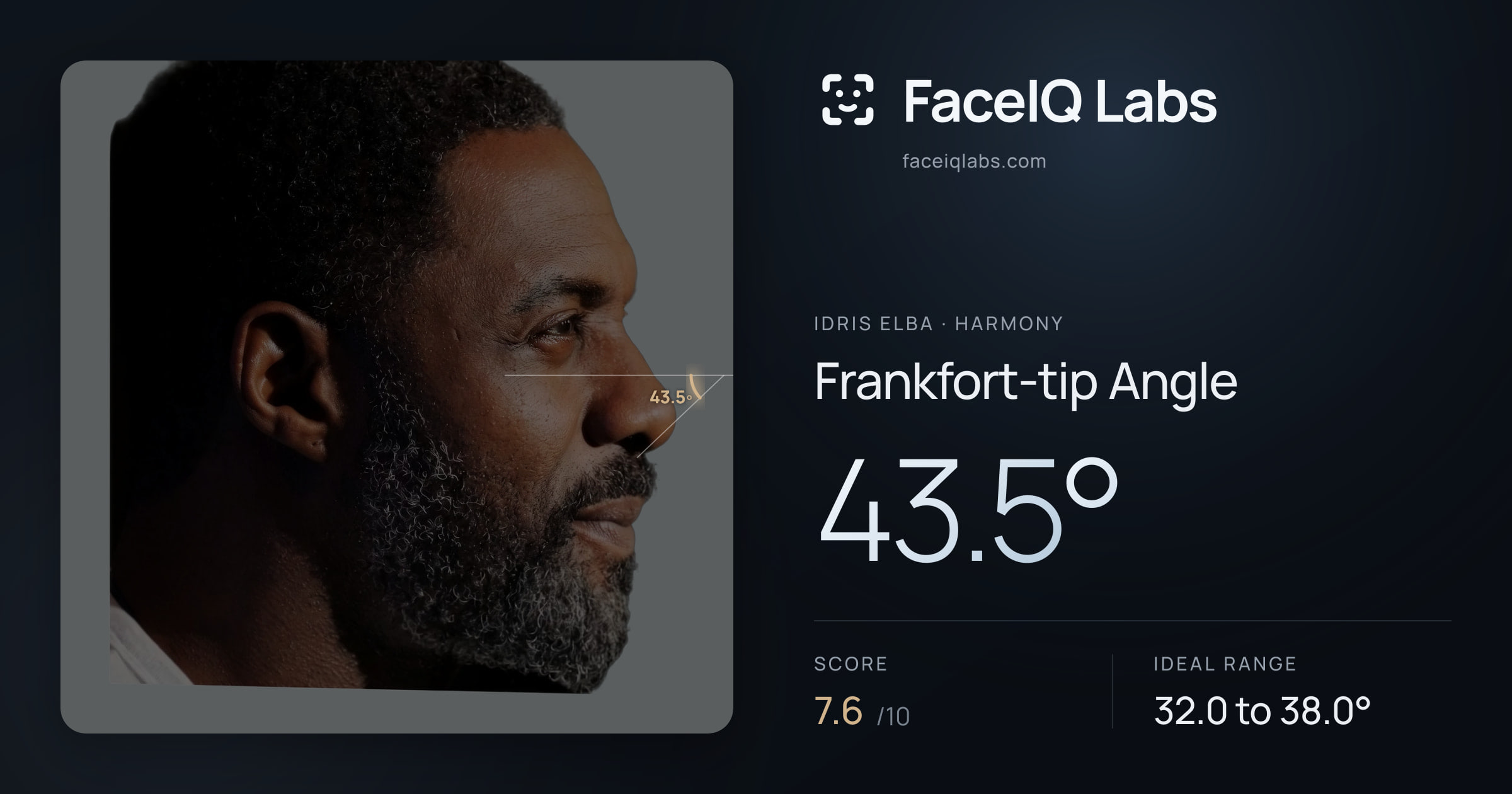 Idris Elba Frankfort-tip Angle: 43.5°, drawn on the photo