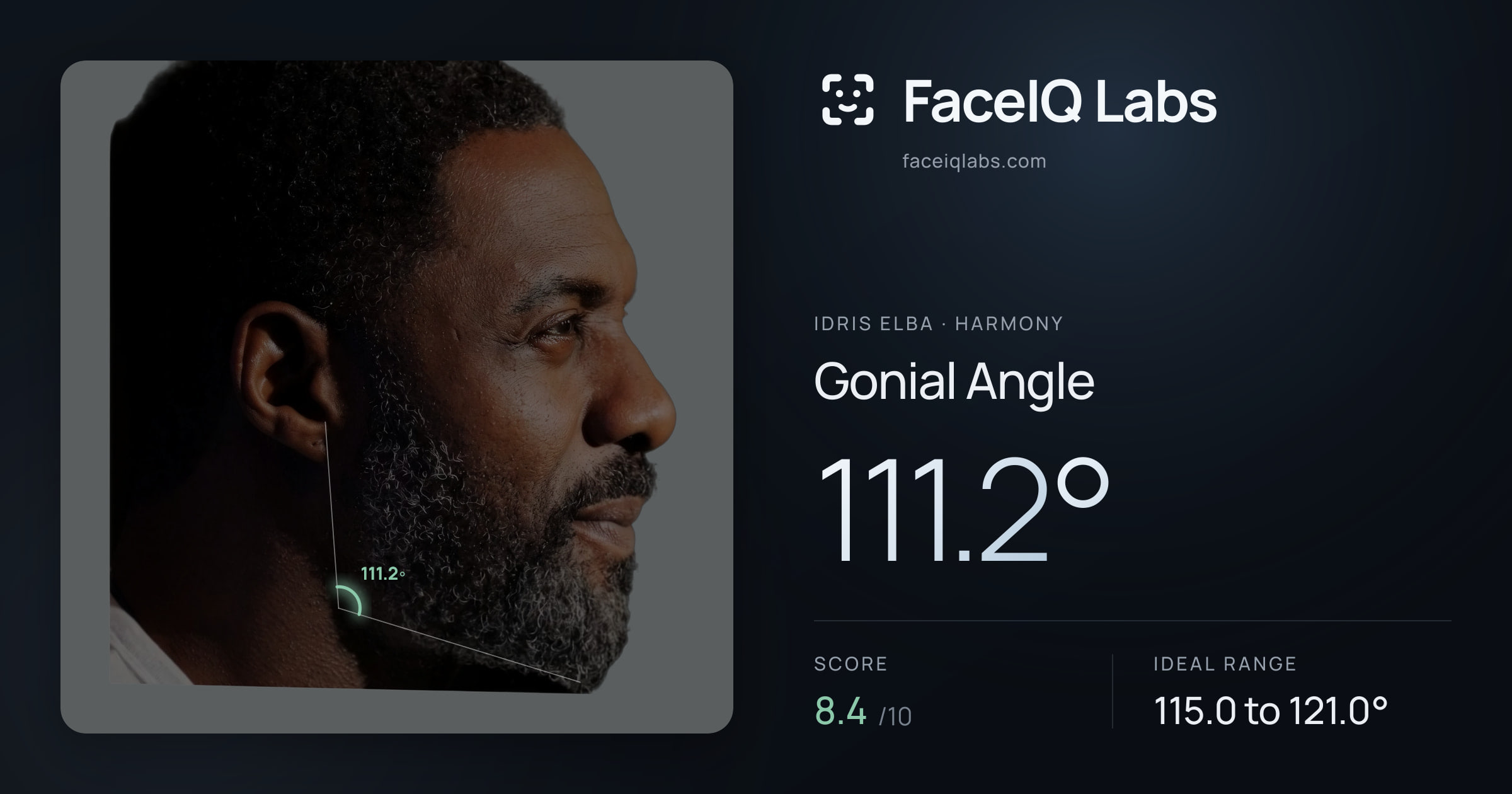 Idris Elba Gonial Angle: 111.2°, drawn on the photo
