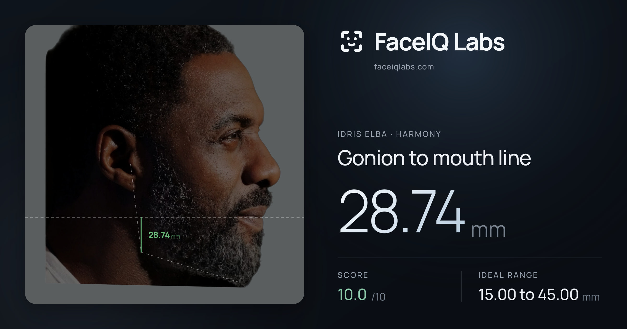 Idris Elba Gonion to mouth line: 28.74mm, drawn on the photo