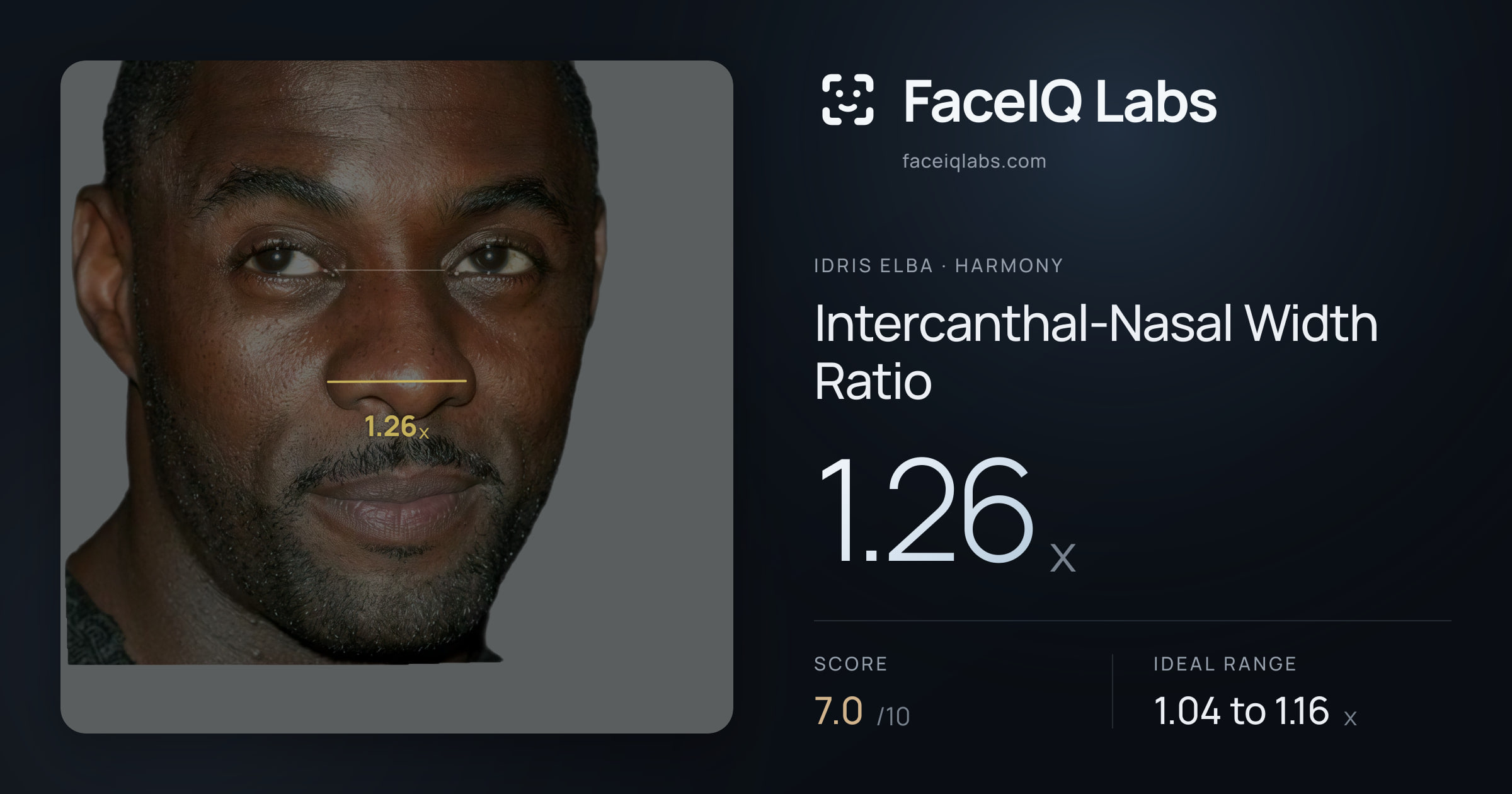 Idris Elba Intercanthal-Nasal Width Ratio: 1.26x, drawn on the photo
