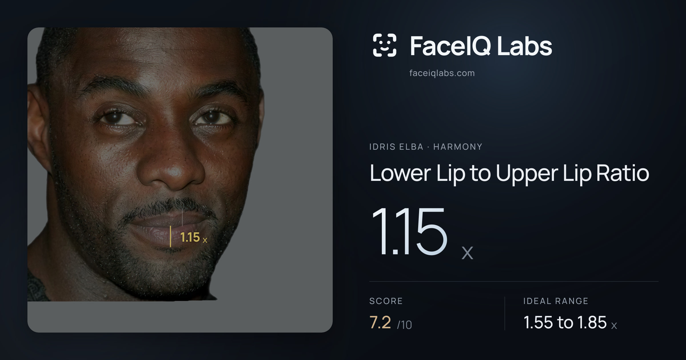 Idris Elba Lower Lip to Upper Lip Ratio: 1.15x, drawn on the photo
