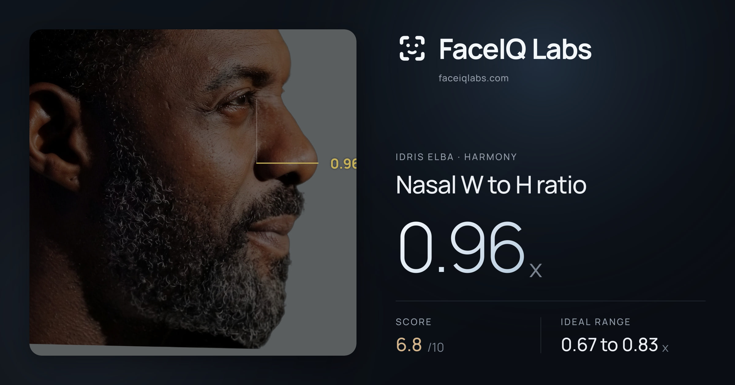 Idris Elba Nasal W to H ratio: 0.96x, drawn on the photo