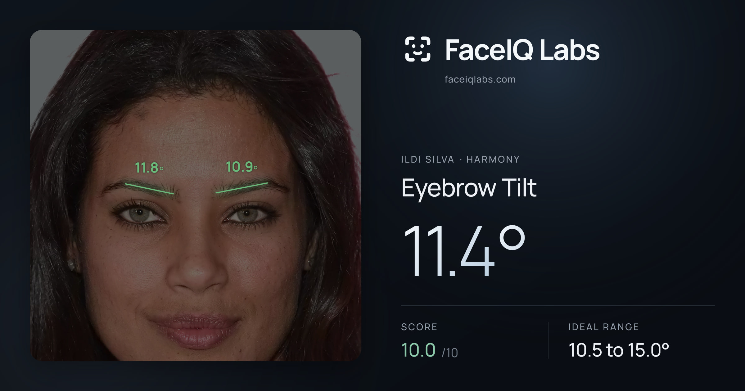 Ildi Silva Eyebrow Tilt: 11.4°, drawn on the photo