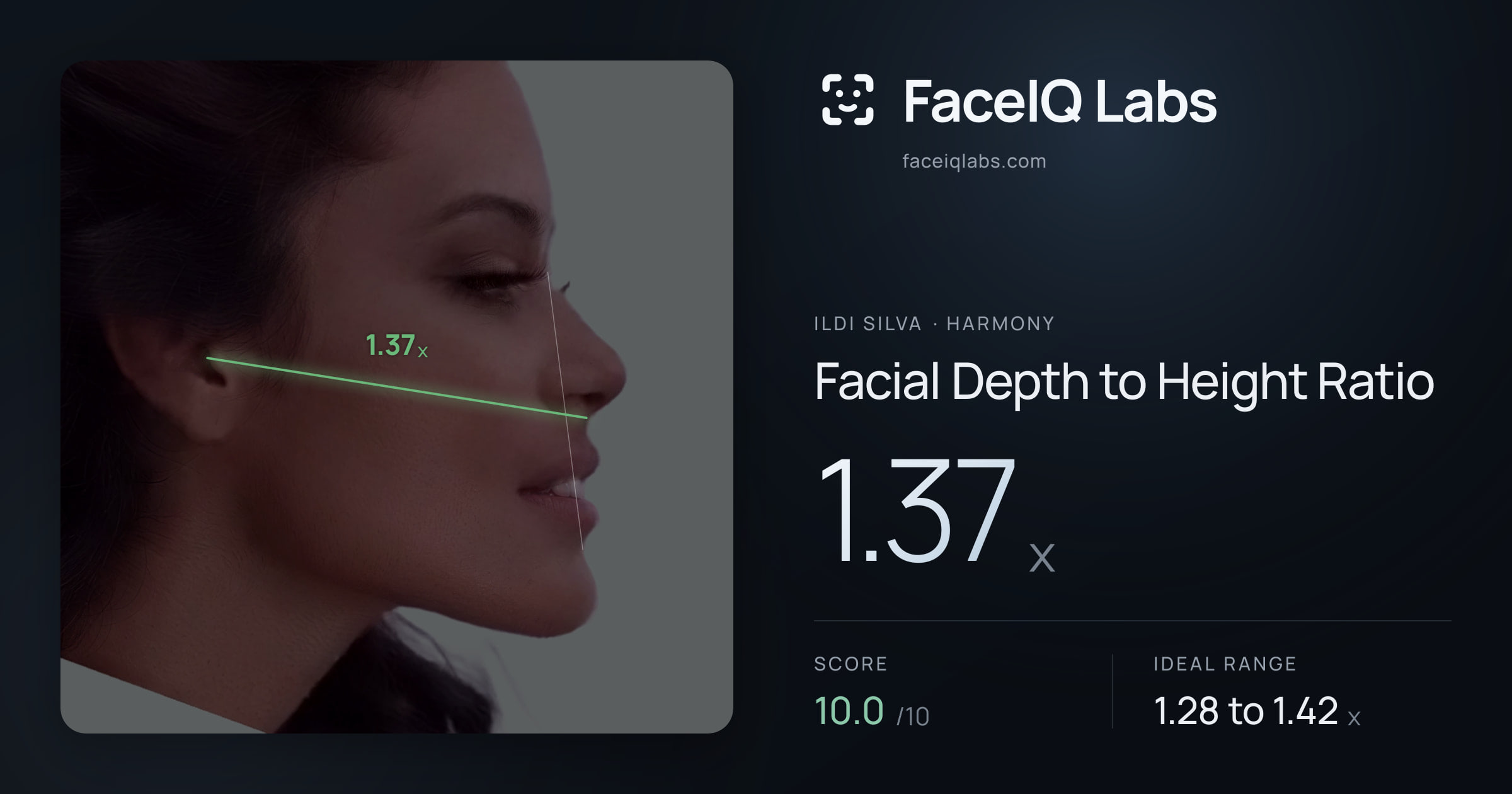 Ildi Silva Facial Depth to Height Ratio: 1.37x, drawn on the photo