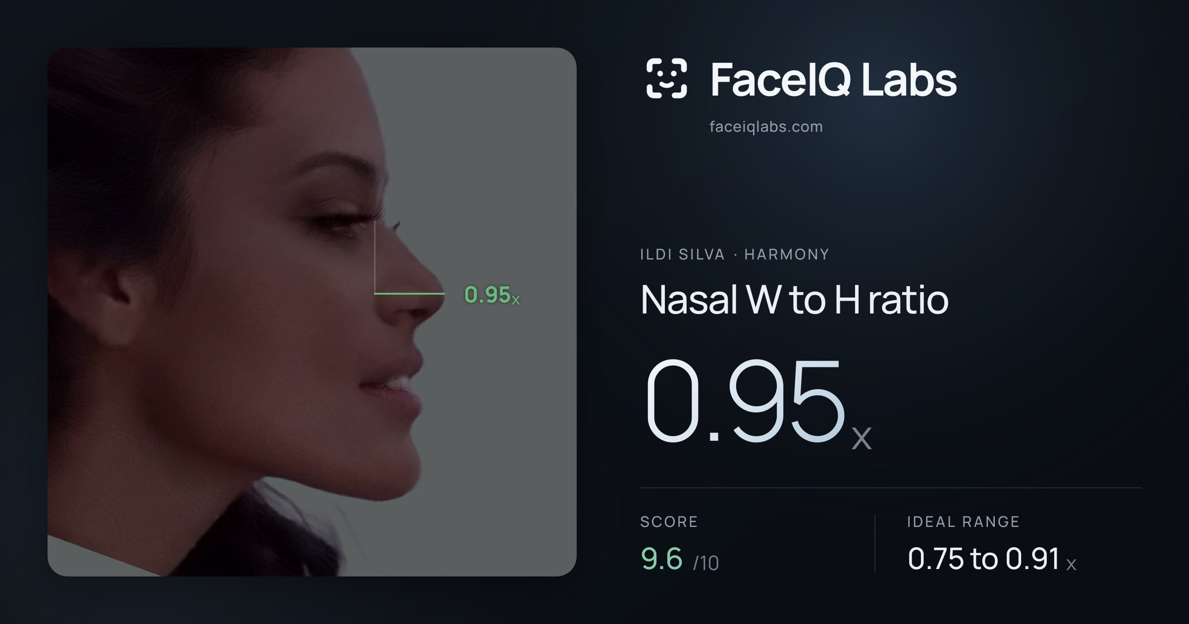 Ildi Silva Nasal W to H ratio: 0.95x, drawn on the photo