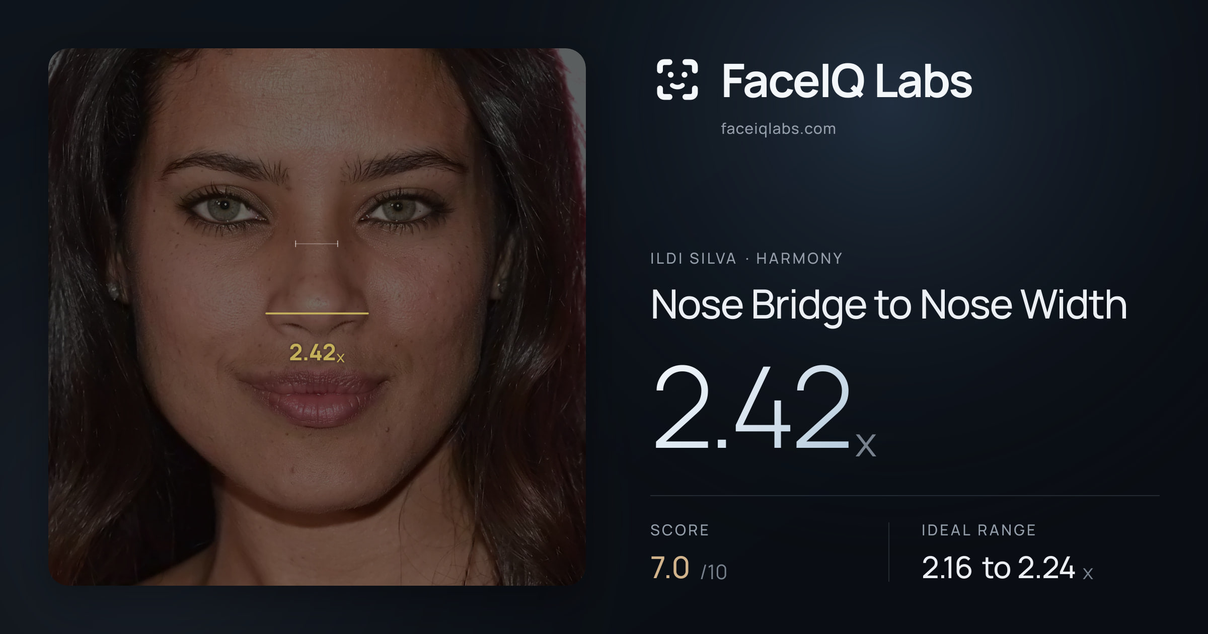 Ildi Silva Nose Bridge to Nose Width: 2.42x, drawn on the photo