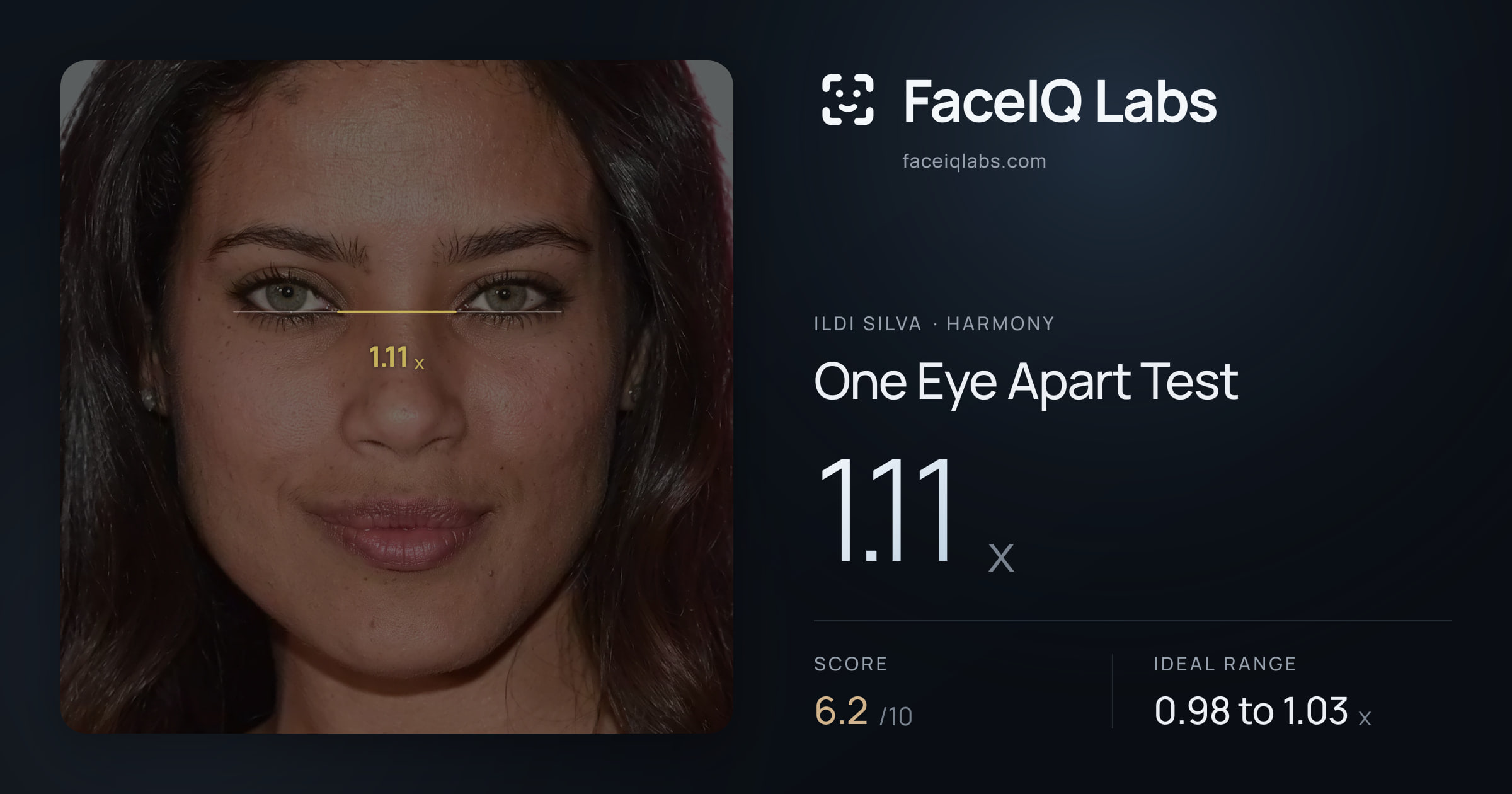 Ildi Silva One Eye Apart Test: 1.11x, drawn on the photo