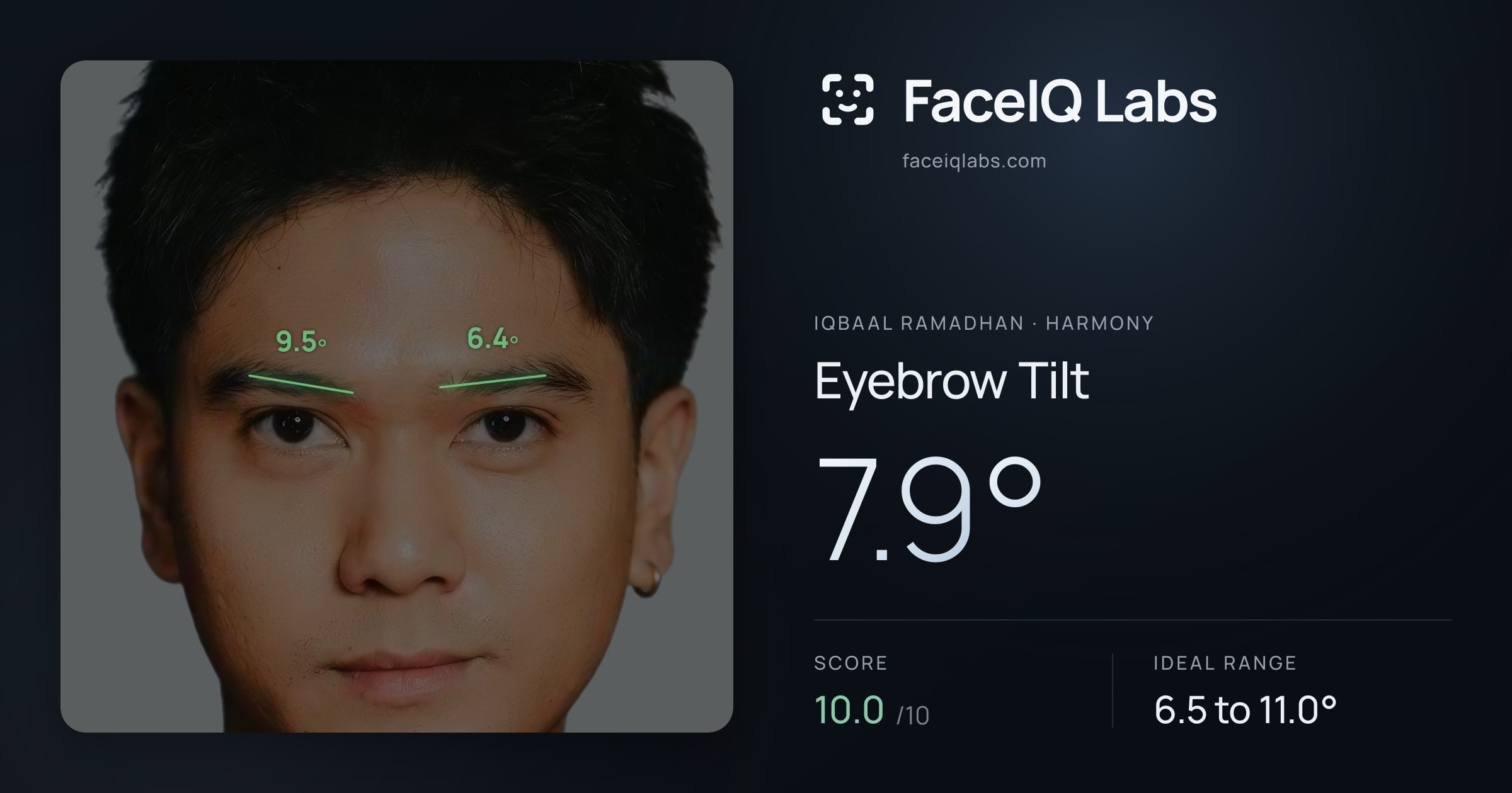 Iqbaal Ramadhan Eyebrow Tilt: 7.9°, drawn on the photo
