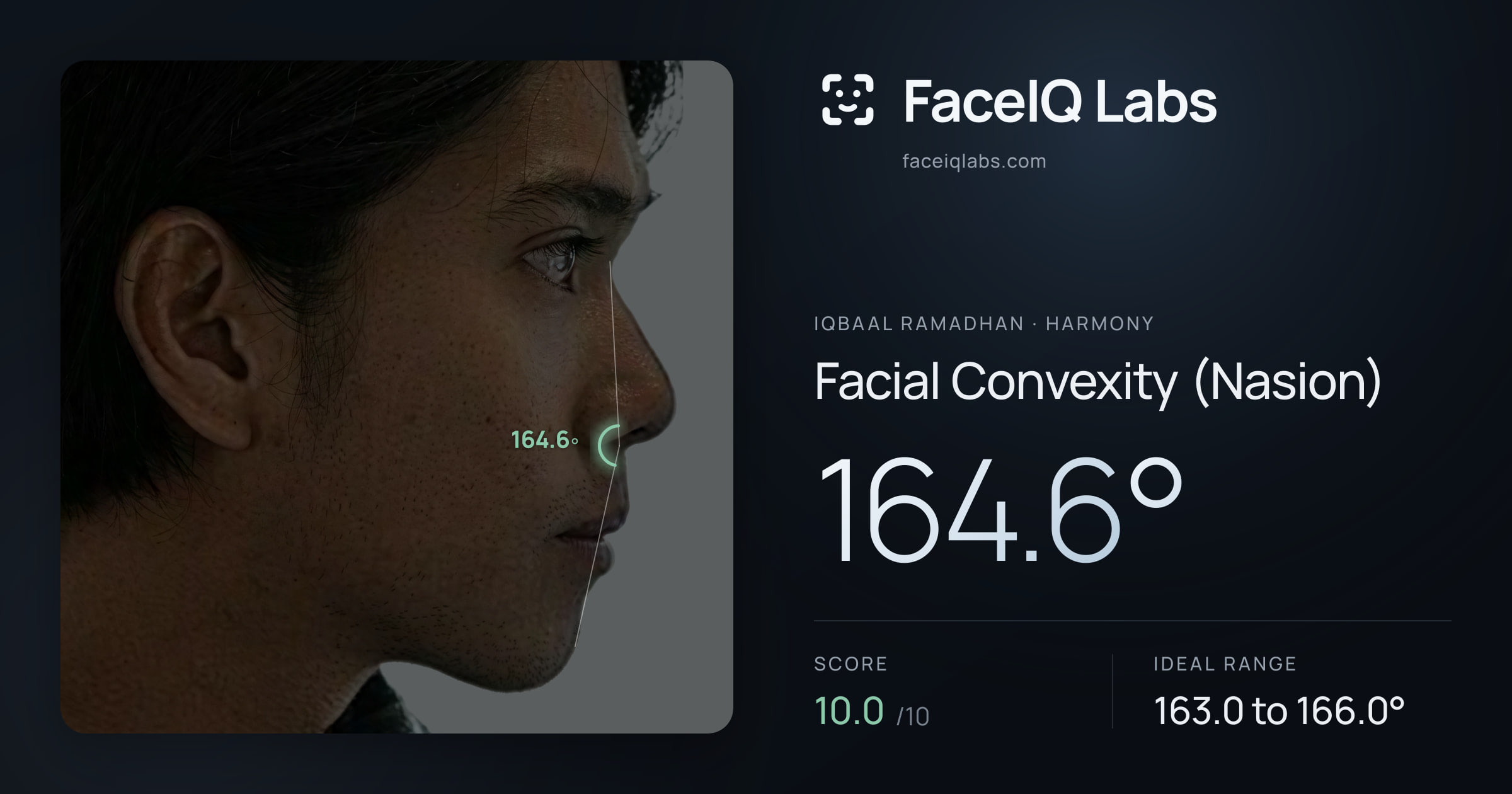 Iqbaal Ramadhan Facial Convexity (Nasion): 164.6°, drawn on the photo
