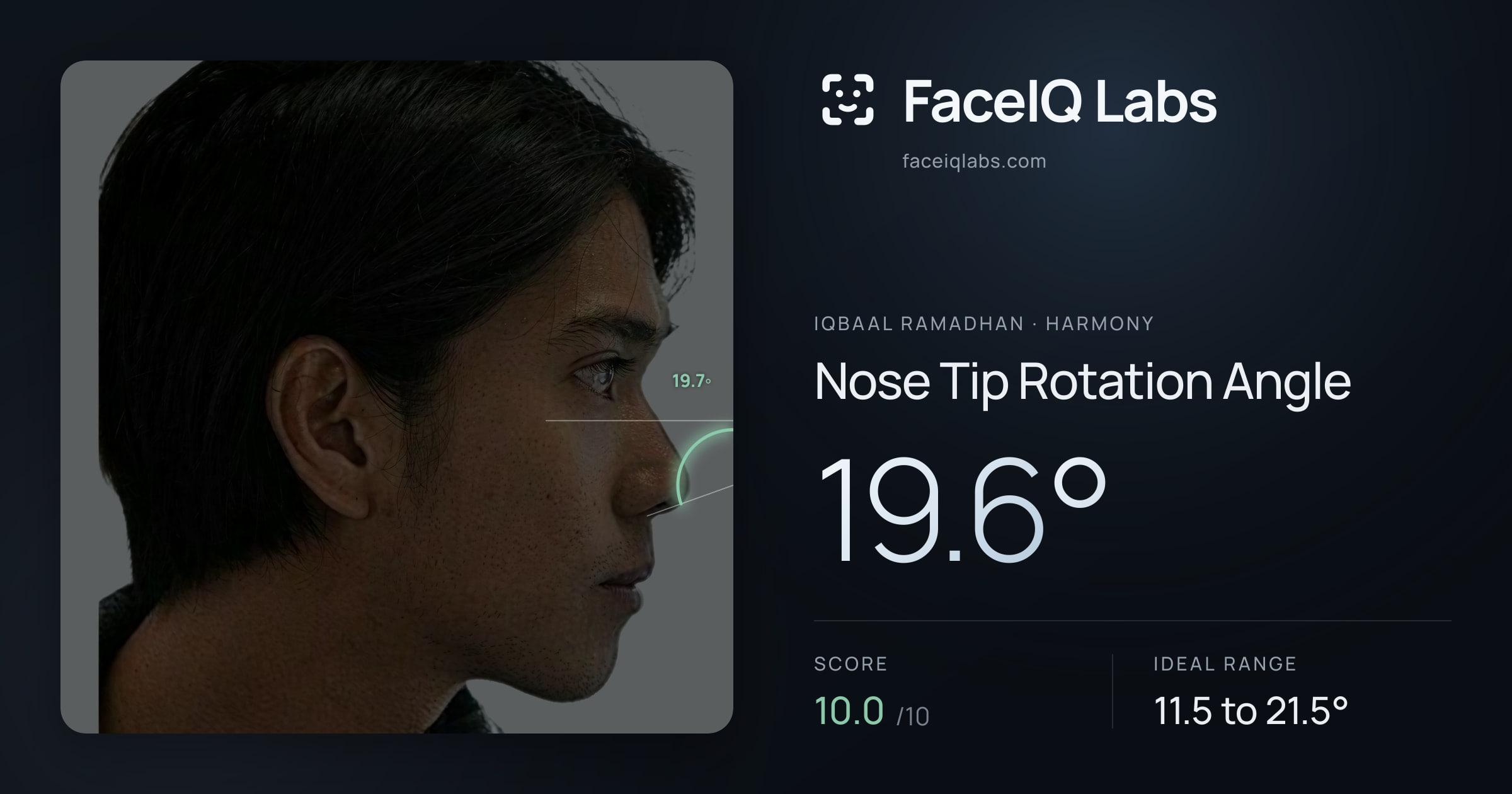 Iqbaal Ramadhan Nose Tip Rotation Angle: 19.6°, drawn on the photo