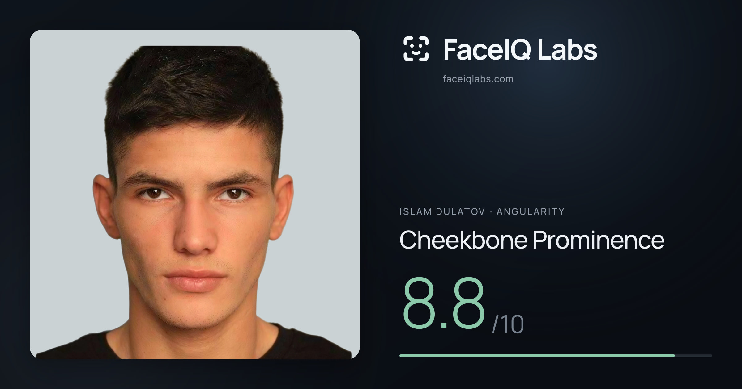 Islam Dulatov Cheekbone Prominence: 8.8/10, drawn on the photo
