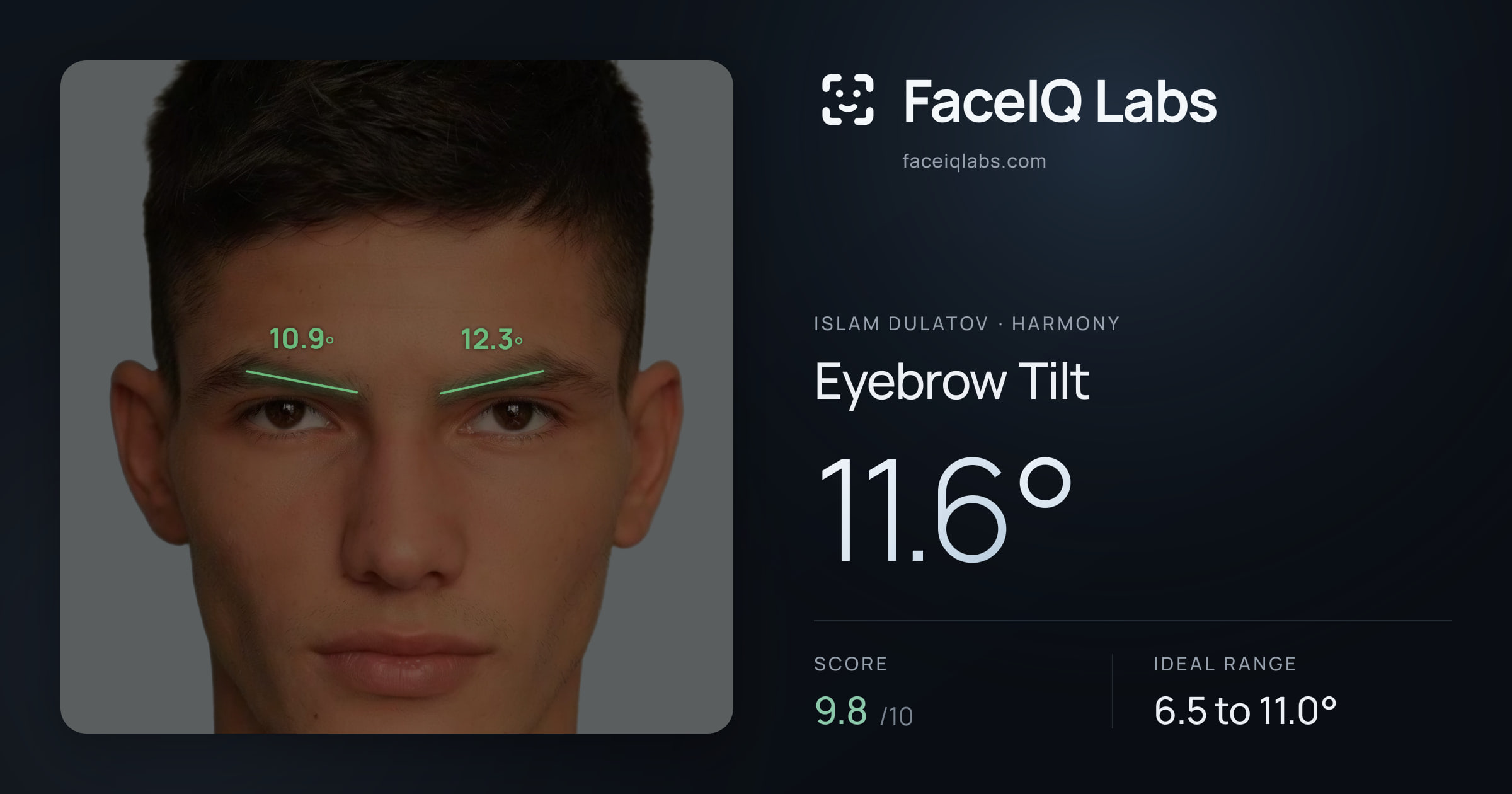 Islam Dulatov Eyebrow Tilt: 11.6°, drawn on the photo