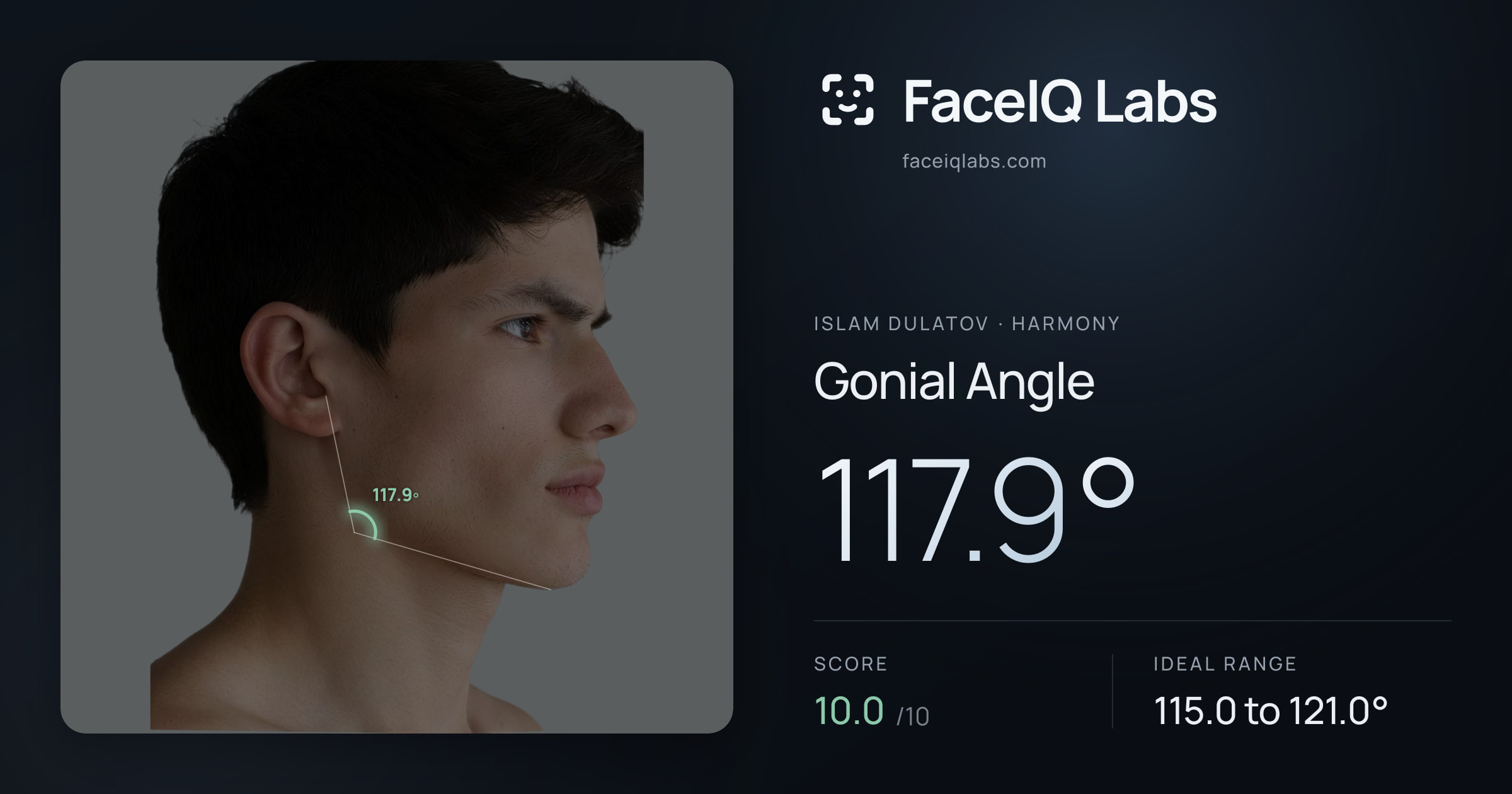 Islam Dulatov Gonial Angle: 117.9°, drawn on the photo