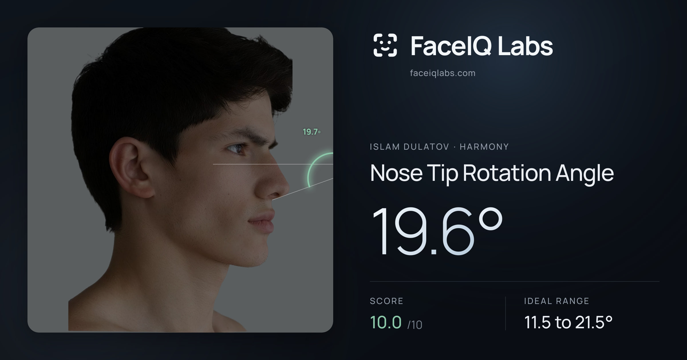 Islam Dulatov Nose Tip Rotation Angle: 19.6°, drawn on the photo