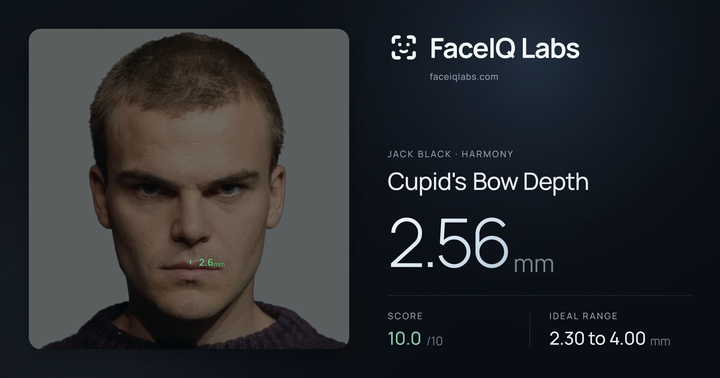 Jack Black Cupid's Bow Depth: 2.56mm, drawn on the photo