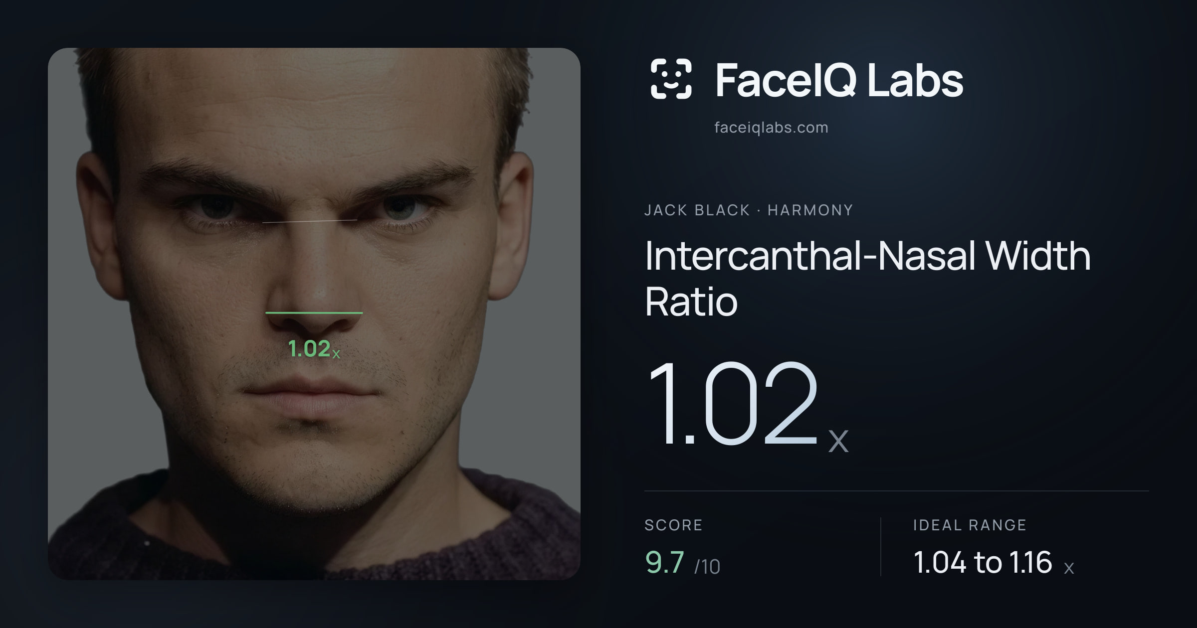 Jack Black Intercanthal-Nasal Width Ratio: 1.02x, drawn on the photo