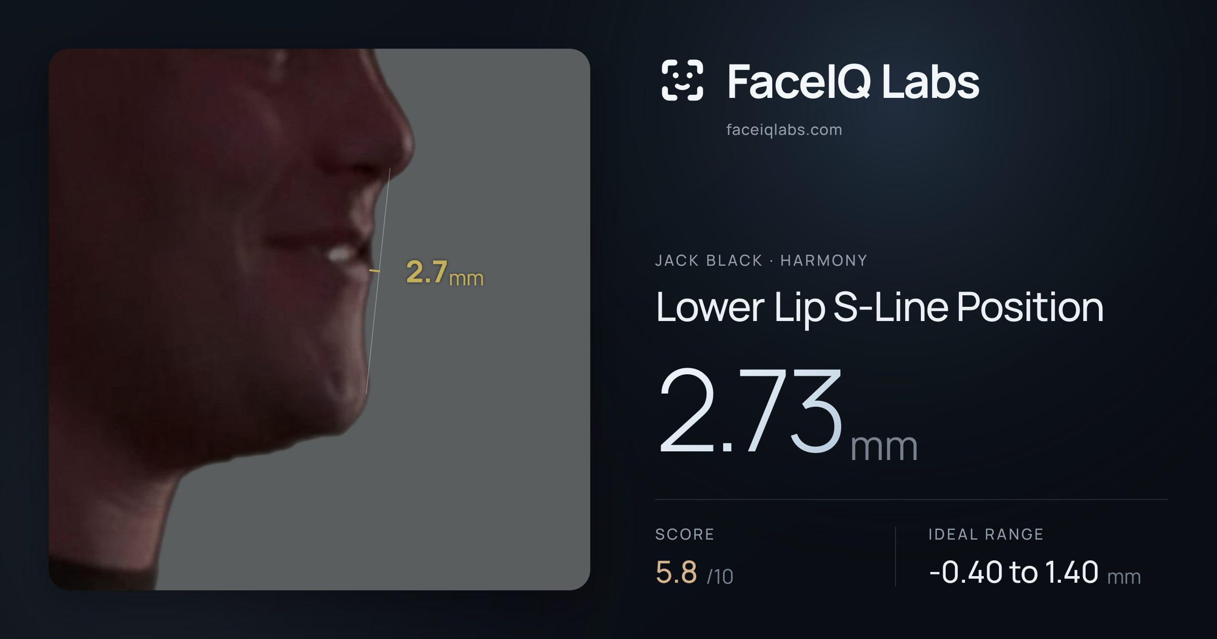 Jack Black Lower Lip S-Line Position: 2.73mm, drawn on the photo