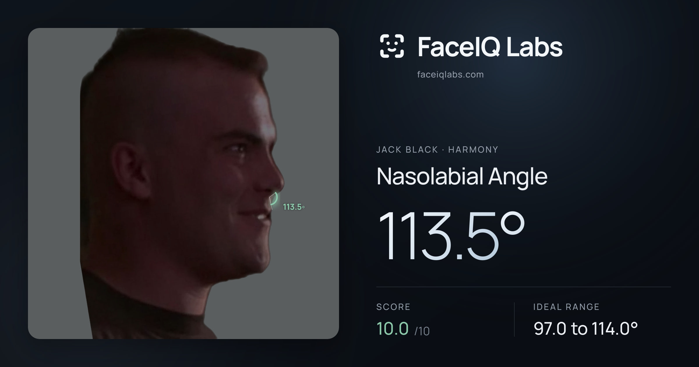 Jack Black Nasolabial Angle: 113.5°, drawn on the photo