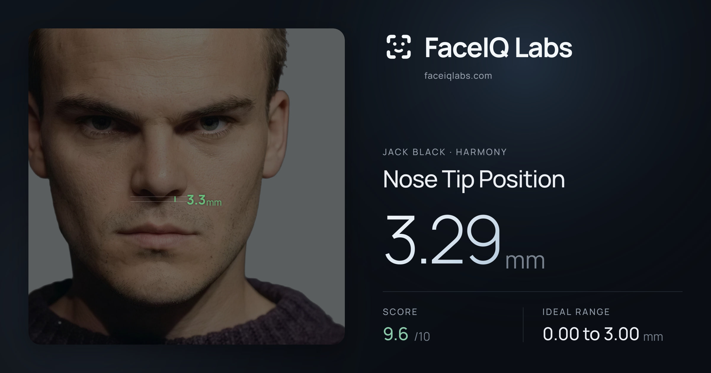 Jack Black Nose Tip Position: 3.29mm, drawn on the photo