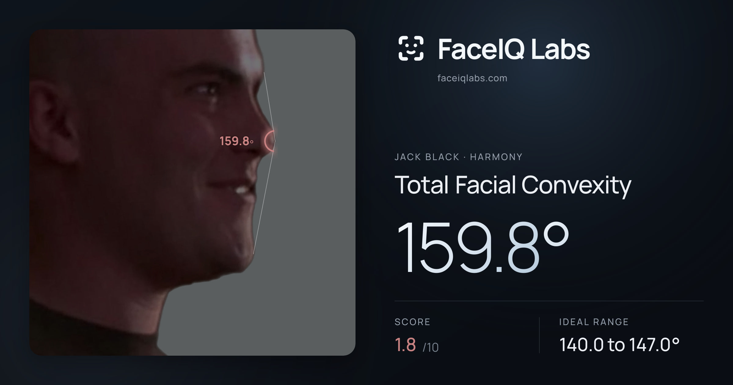 Jack Black Total Facial Convexity: 159.8°, drawn on the photo