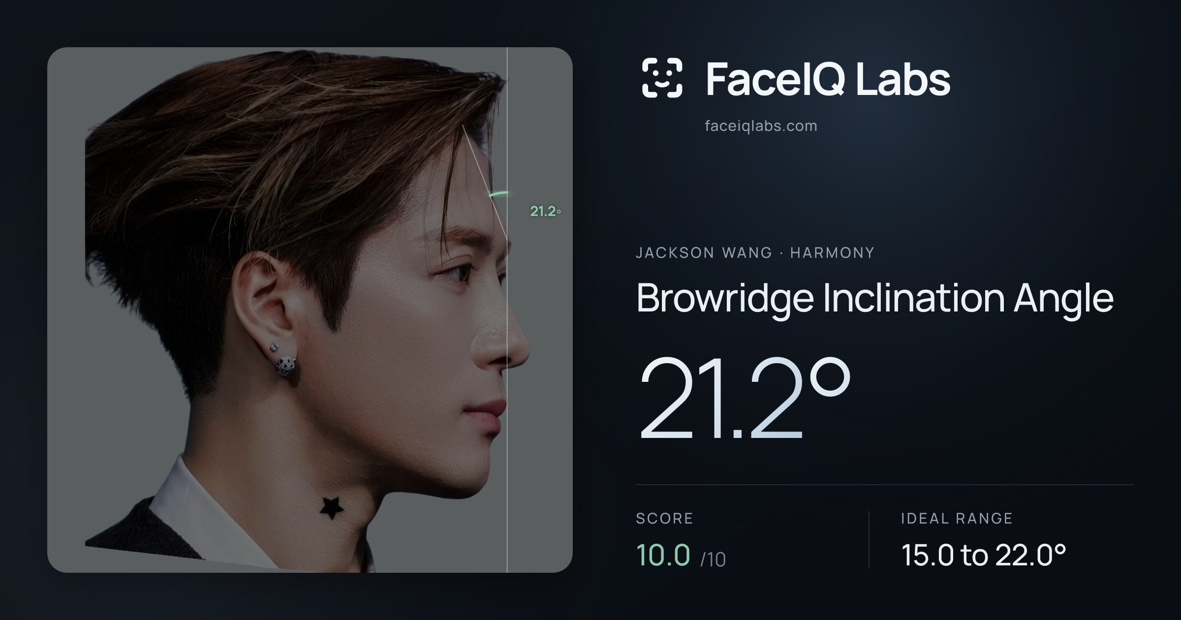 Jackson Wang Browridge Inclination Angle: 21.2°, drawn on the photo