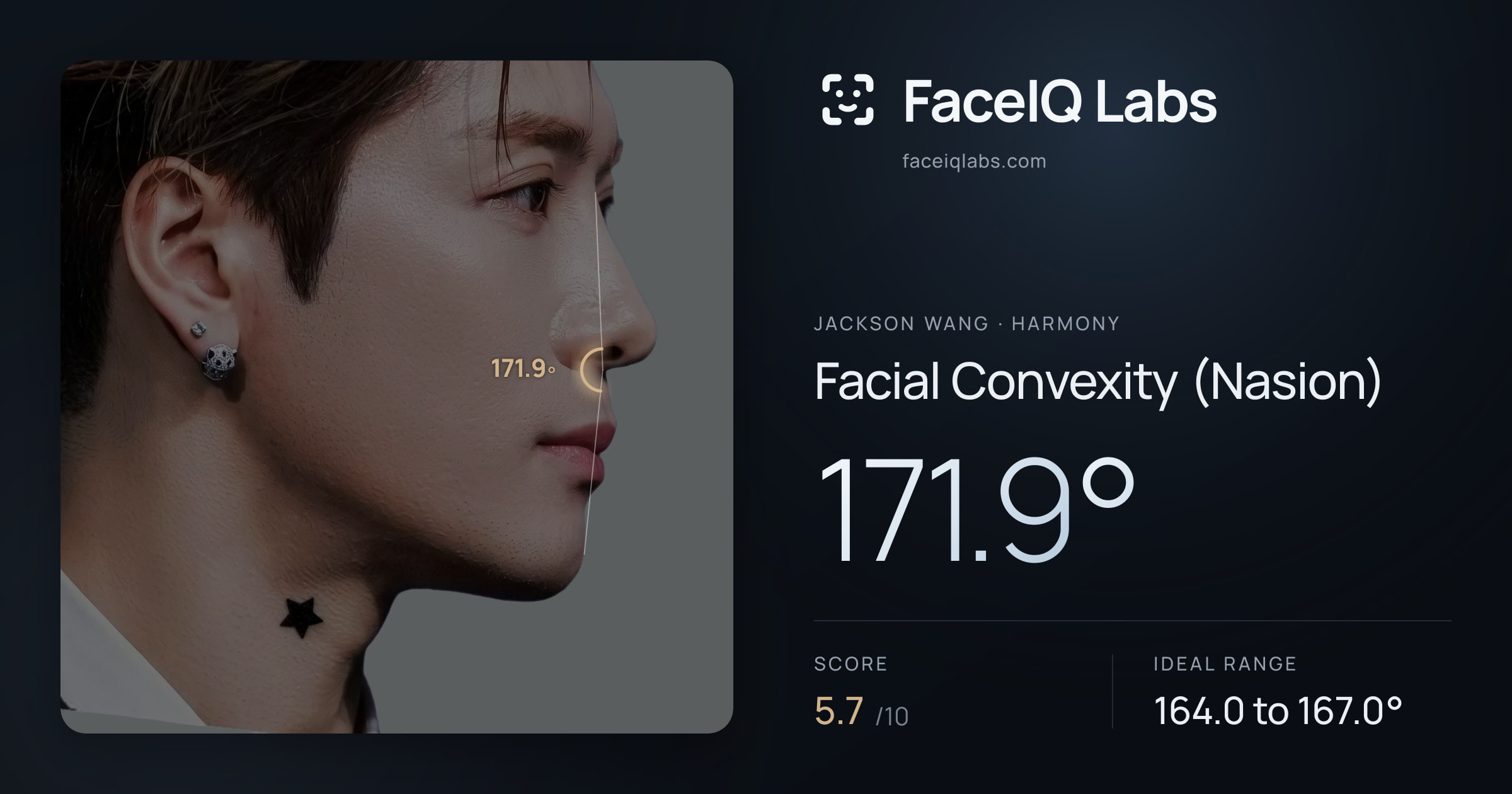Jackson Wang Facial Convexity (Nasion): 171.9°, drawn on the photo