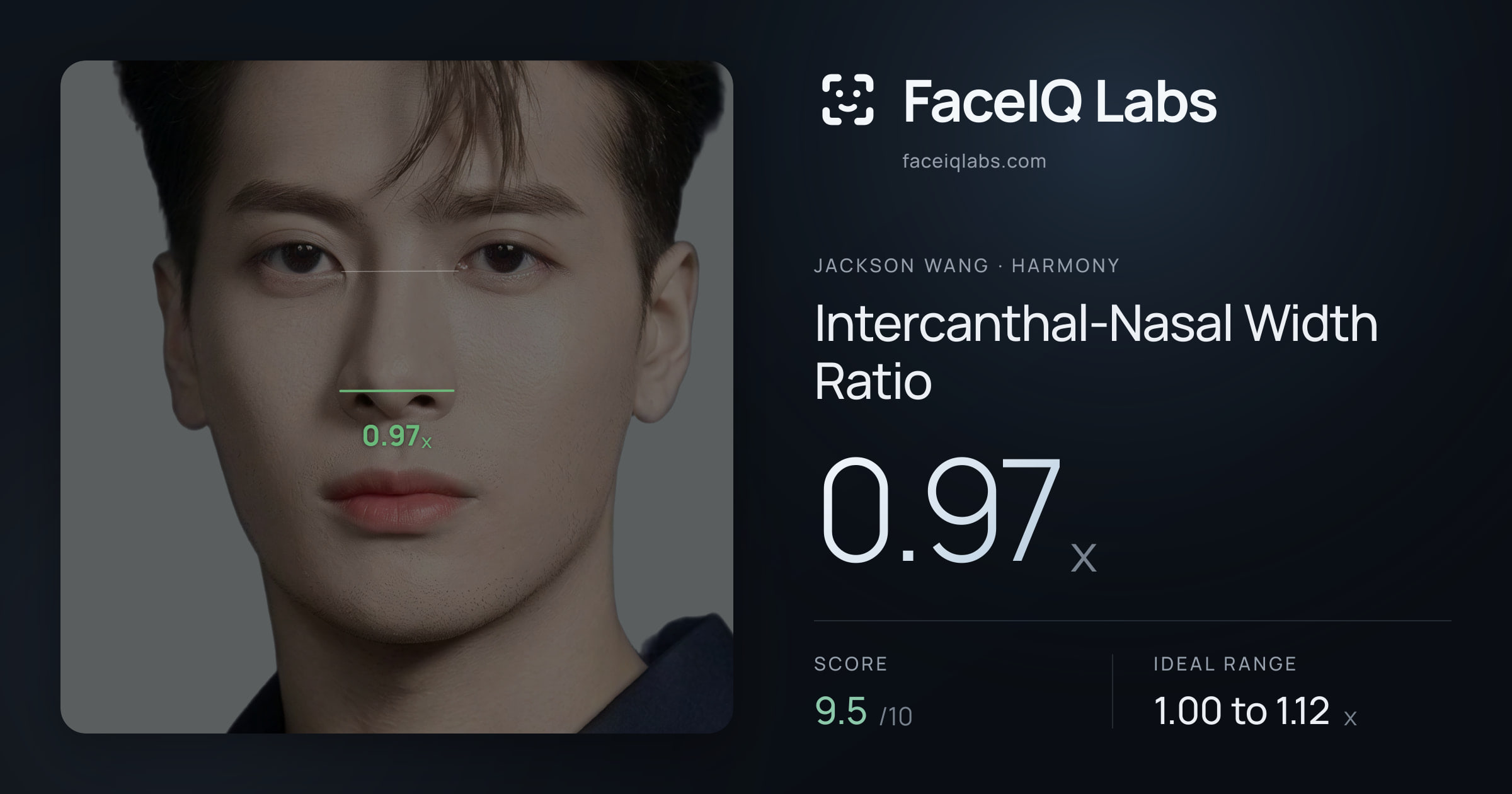 Jackson Wang Intercanthal-Nasal Width Ratio: 0.97x, drawn on the photo