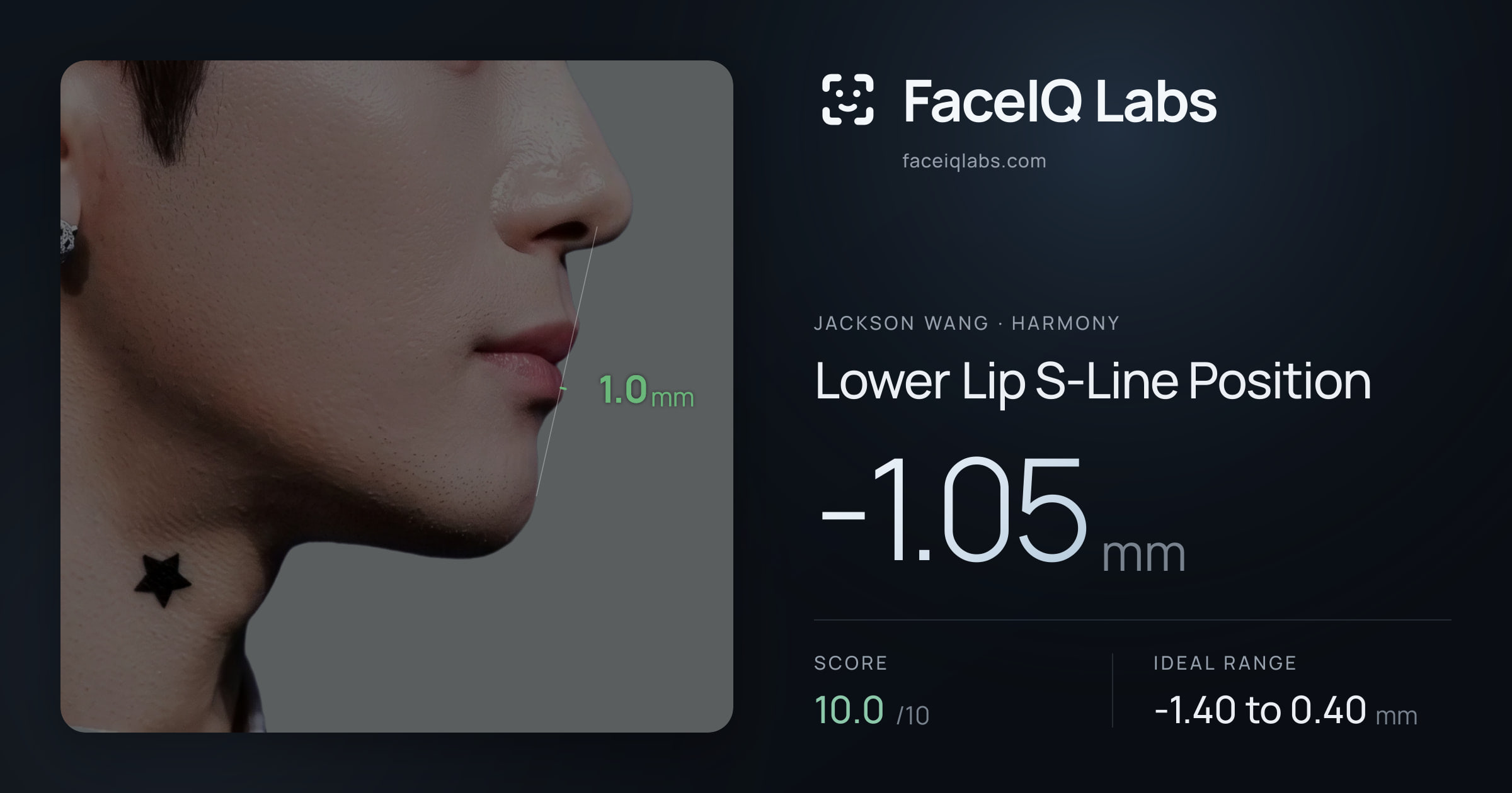 Jackson Wang Lower Lip S-Line Position: -1.05mm, drawn on the photo
