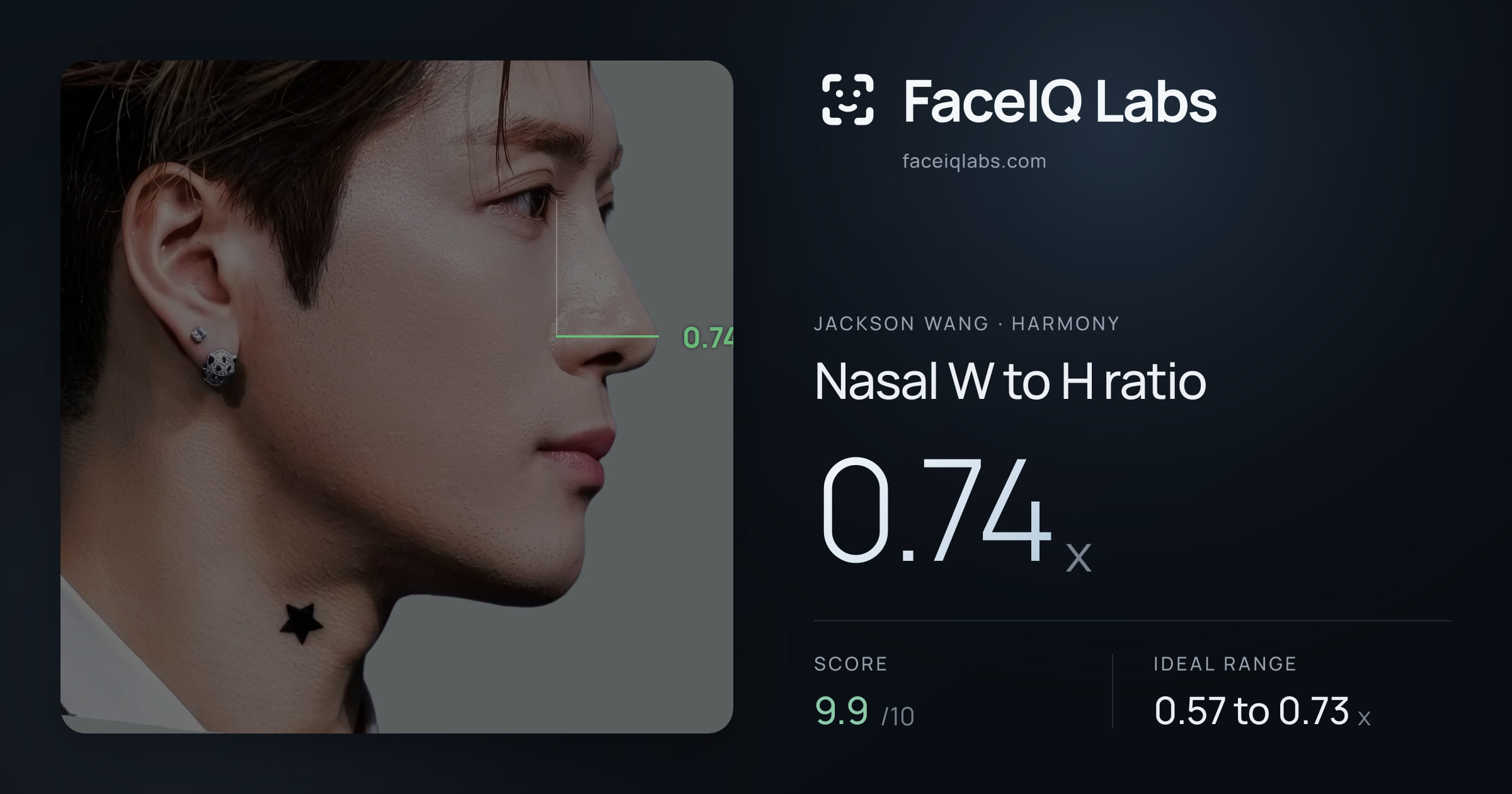 Jackson Wang Nasal W to H ratio: 0.74x, drawn on the photo