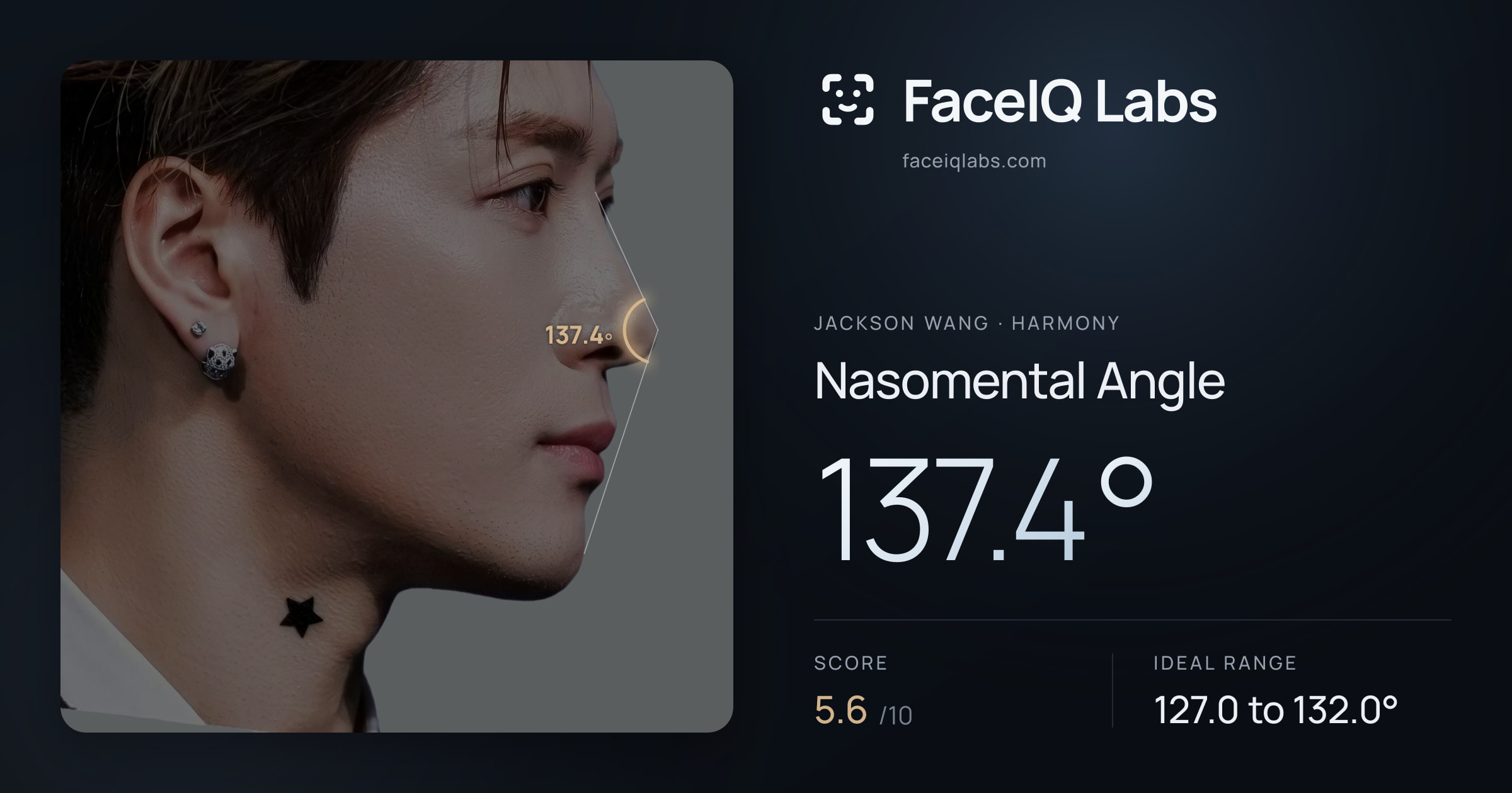 Jackson Wang Nasomental Angle: 137.4°, drawn on the photo