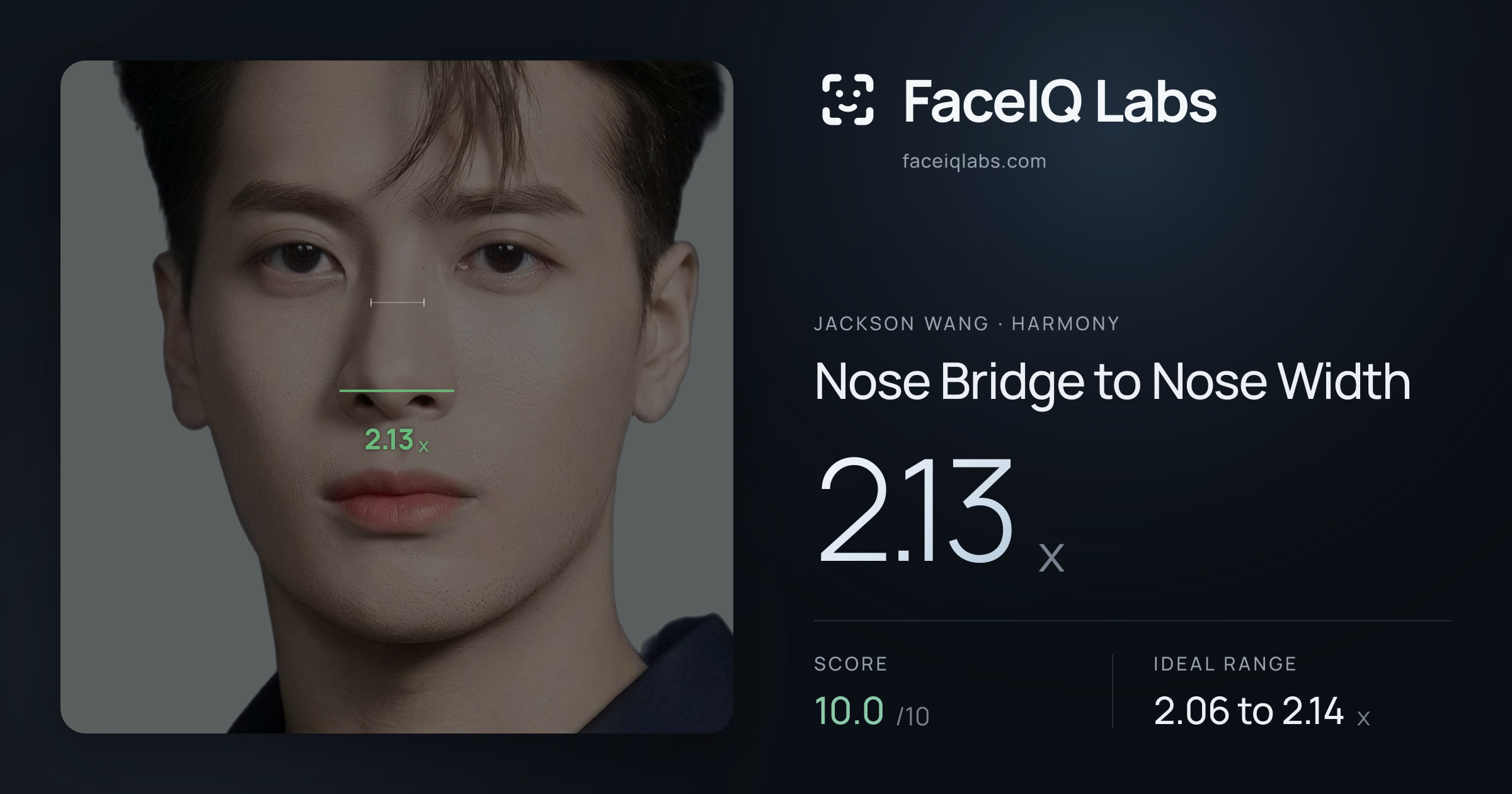 Jackson Wang Nose Bridge to Nose Width: 2.13x, drawn on the photo