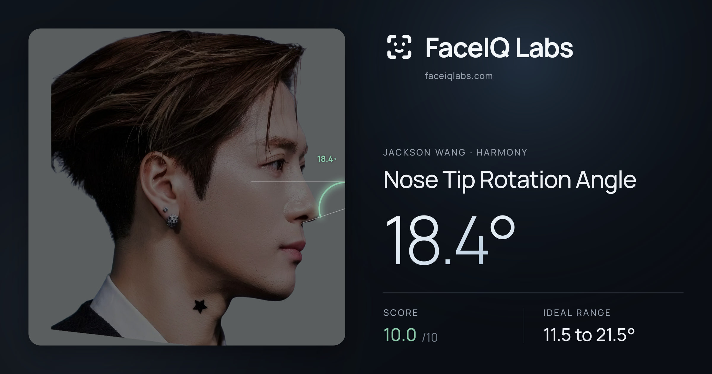 Jackson Wang Nose Tip Rotation Angle: 18.4°, drawn on the photo