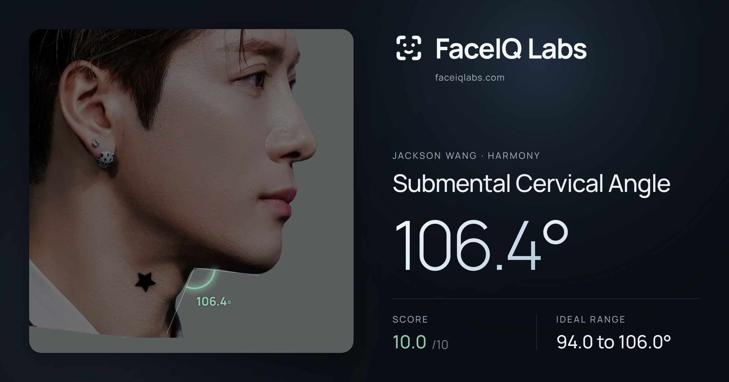 Jackson Wang Submental Cervical Angle: 106.4°, drawn on the photo
