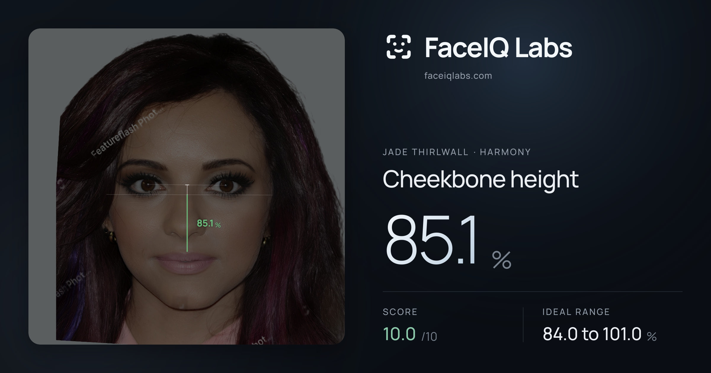 Jade Thirlwall Cheekbone height: 85.1%, drawn on the photo