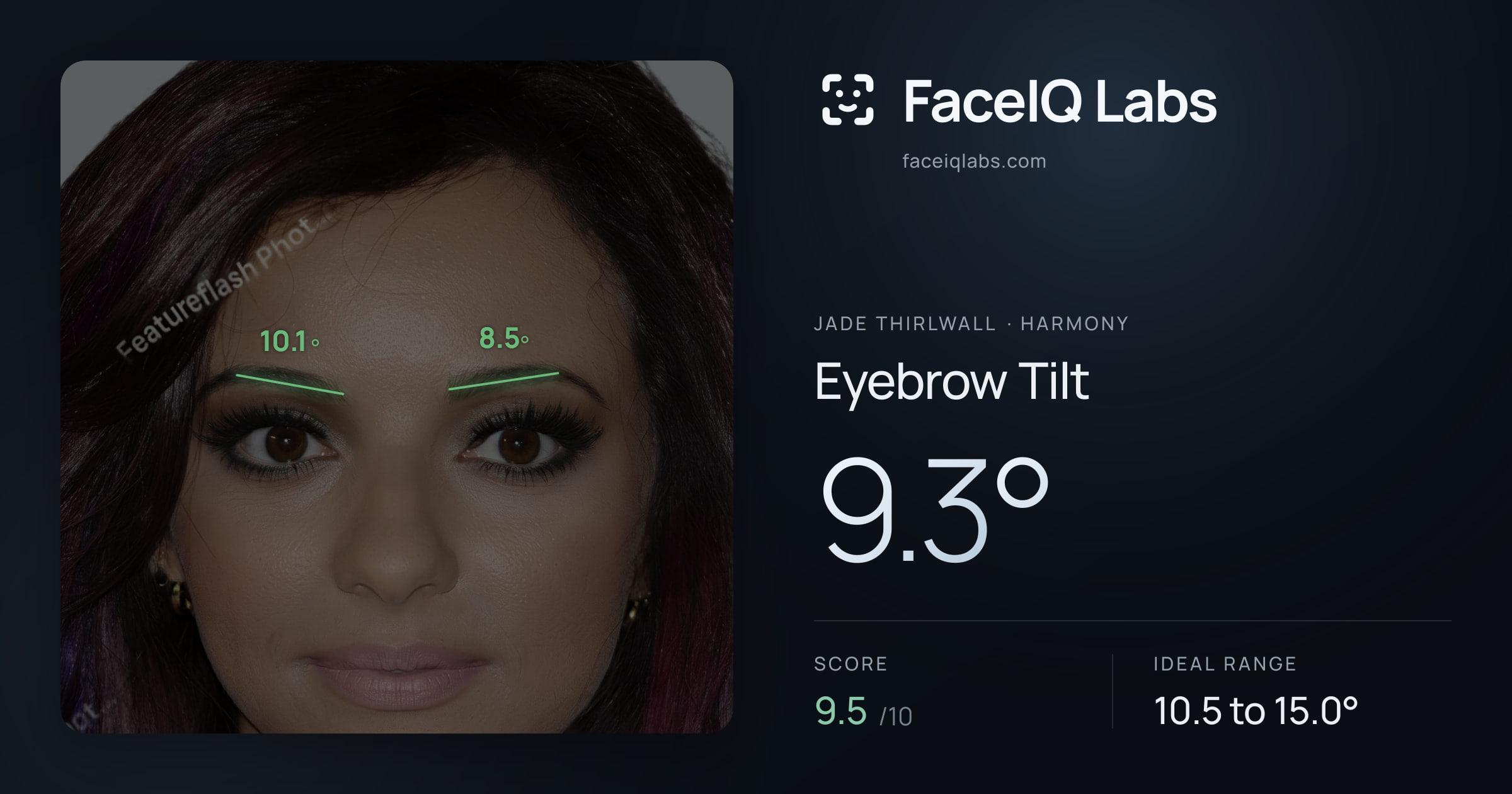 Jade Thirlwall Eyebrow Tilt: 9.3°, drawn on the photo