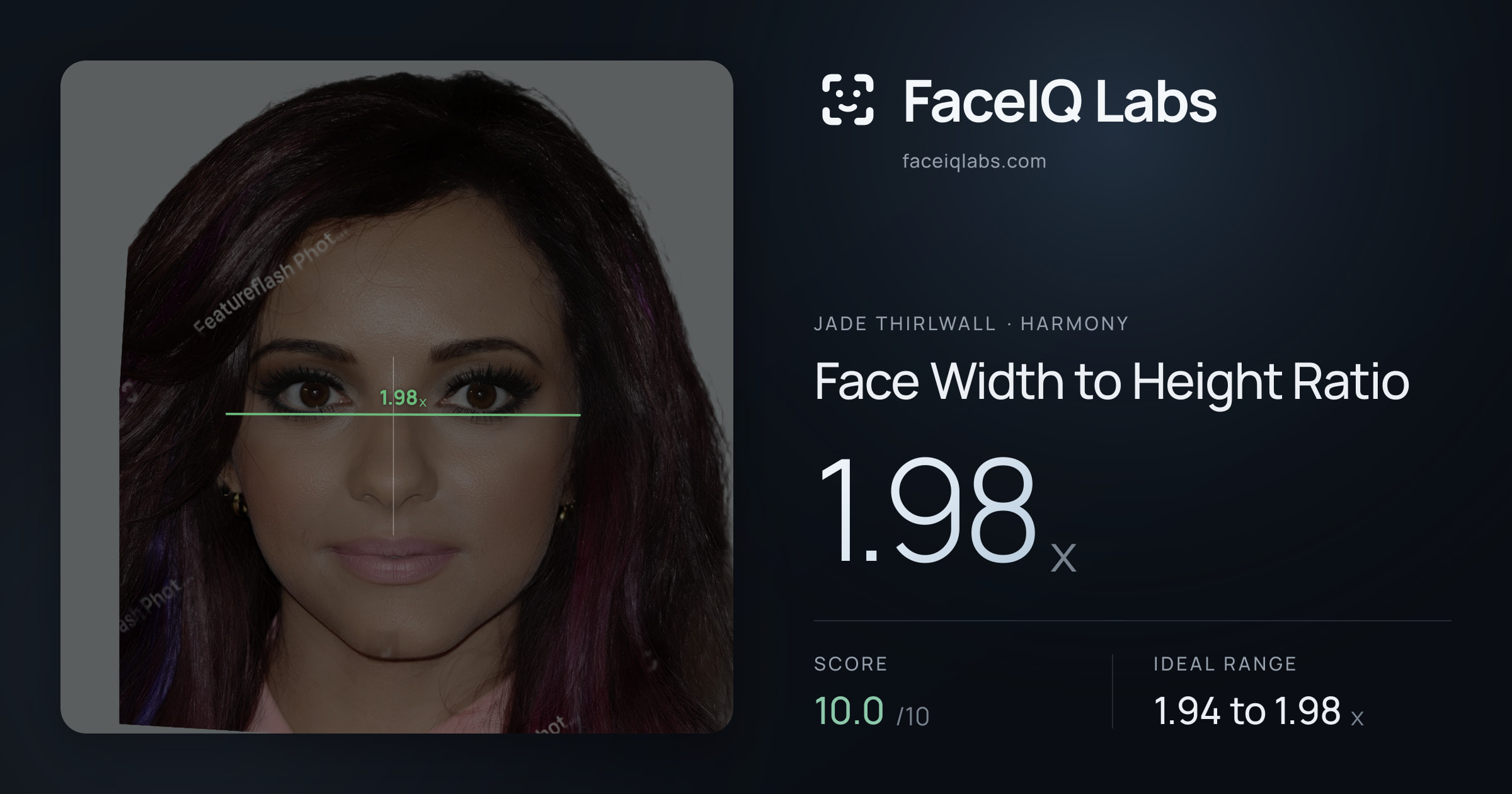 Jade Thirlwall Face Width to Height Ratio: 1.98x, drawn on the photo