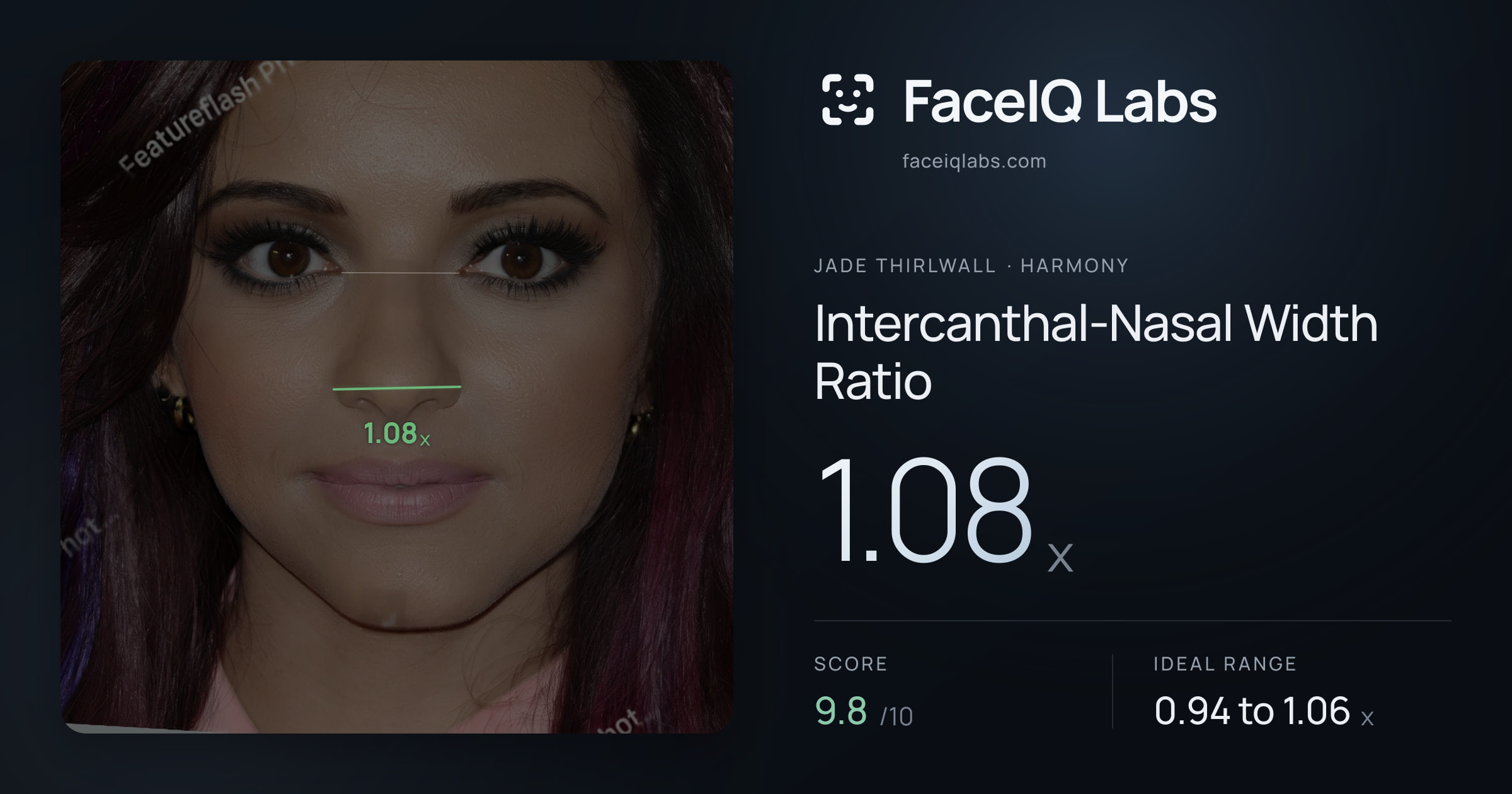 Jade Thirlwall Intercanthal-Nasal Width Ratio: 1.08x, drawn on the photo