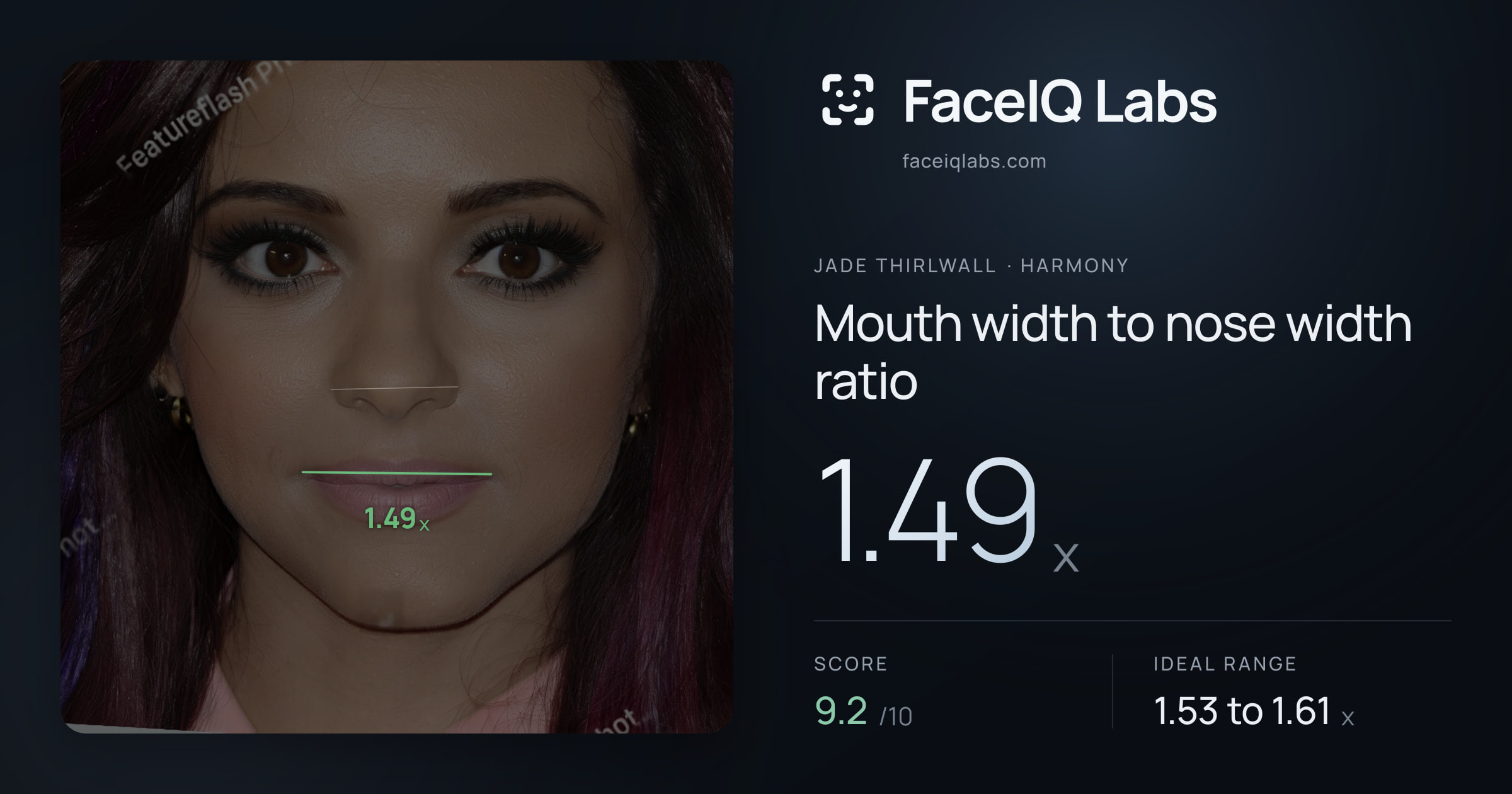 Jade Thirlwall Mouth width to nose width ratio: 1.49x, drawn on the photo