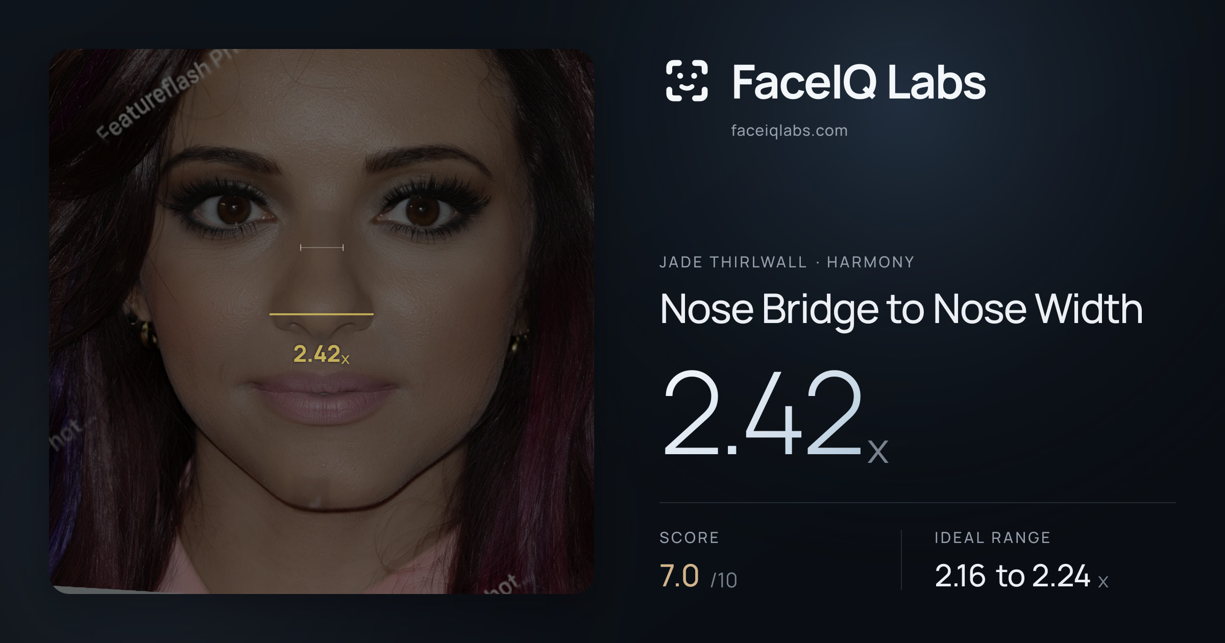 Jade Thirlwall Nose Bridge to Nose Width: 2.42x, drawn on the photo