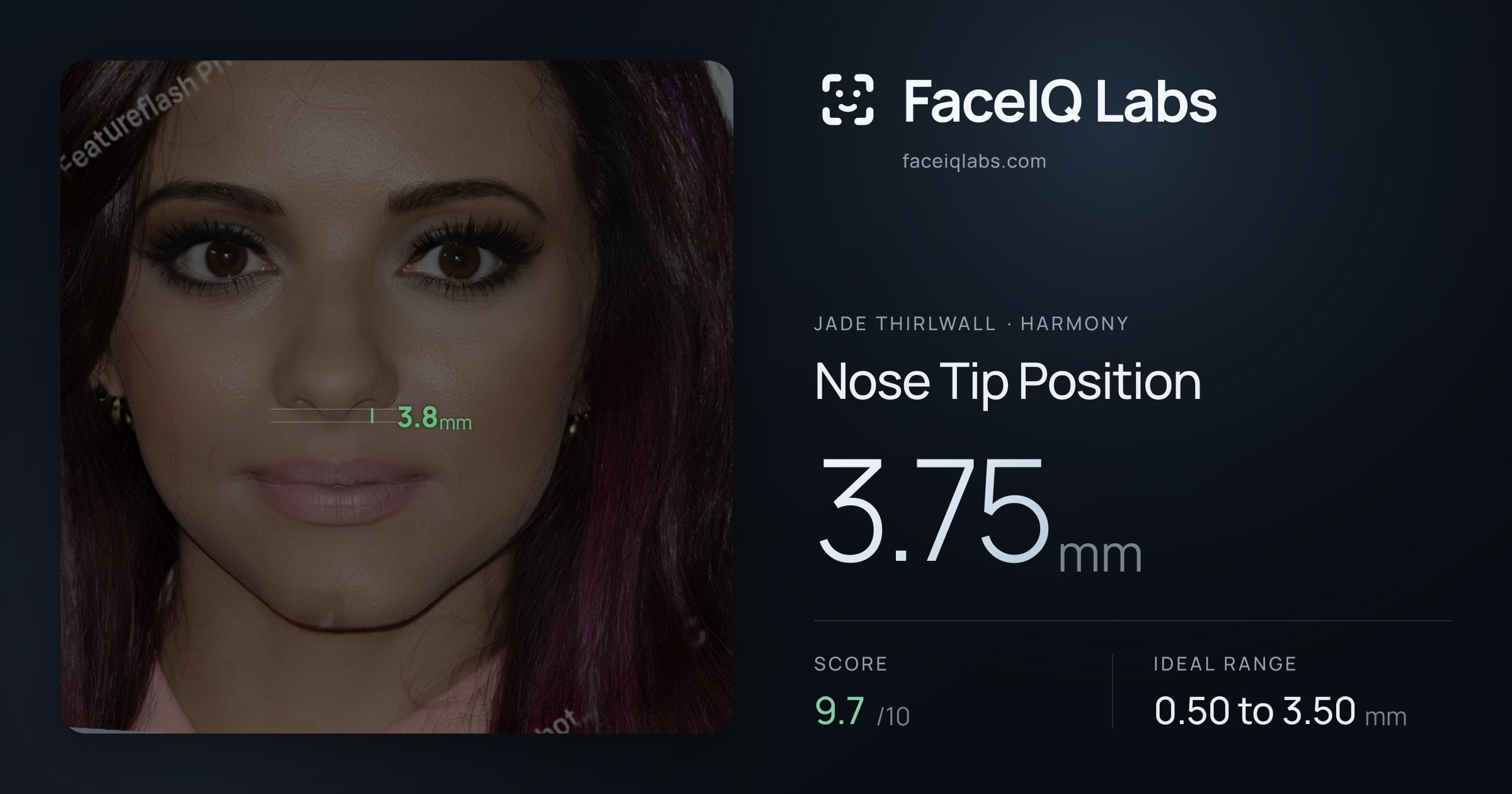 Jade Thirlwall Nose Tip Position: 3.75mm, drawn on the photo