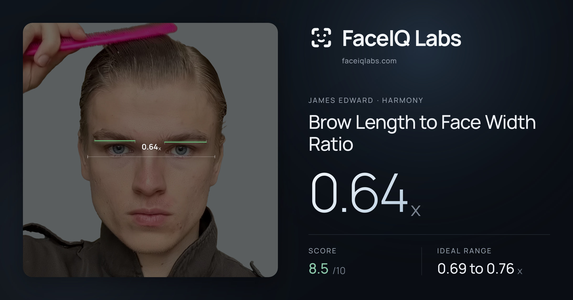 James Edward Brow Length to Face Width Ratio: 0.64x, drawn on the photo